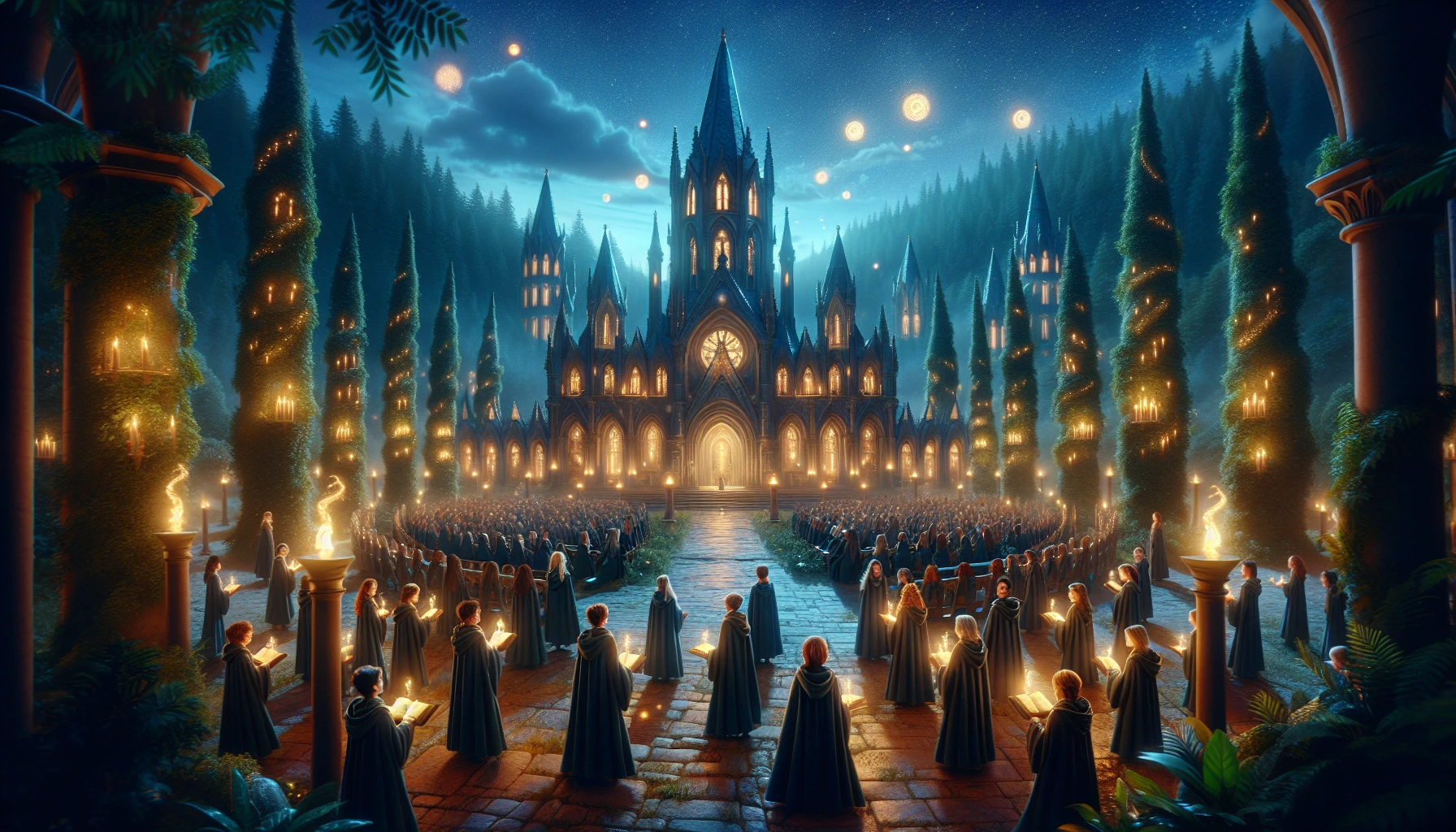 Imagine a grand, enchanted academy nestled within a lush, ancient forest. Towering spires adorned with shimmering crystals reach towards a twilight sky, while gently glowing orbs of magic float serenely above. Young wizards in cloaks, brimming with excitement, gather in enchanting courtyards lined with talking statues and luminescent flora. A dazzling array of spellbooks and potions spills from their hands, ready to unveil the secrets of their magical world.