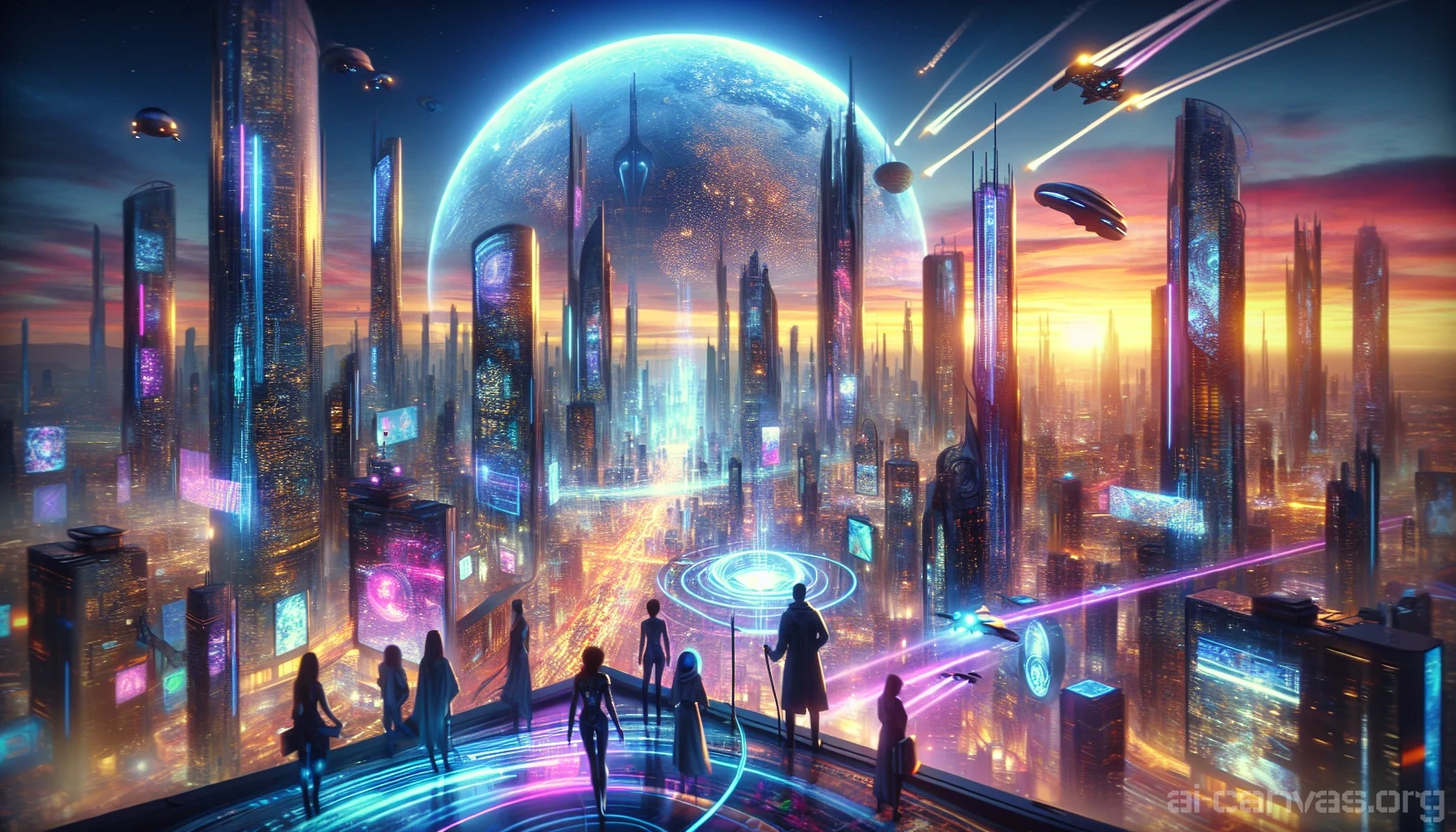 Imagine a sprawling metropolis bathed in the warm hues of twilight, where towering skyscrapers adorned with neon lights reach for the stars. Flying vehicles zip through the sky, while pedestrians navigate vibrant, holographic advertisements. In the foreground, a group of explorers clad in sleek, high-tech suits marvel at a colossal, glowing monument that pulsates with energy, hinting at ancient alien technology waiting to be uncovered.