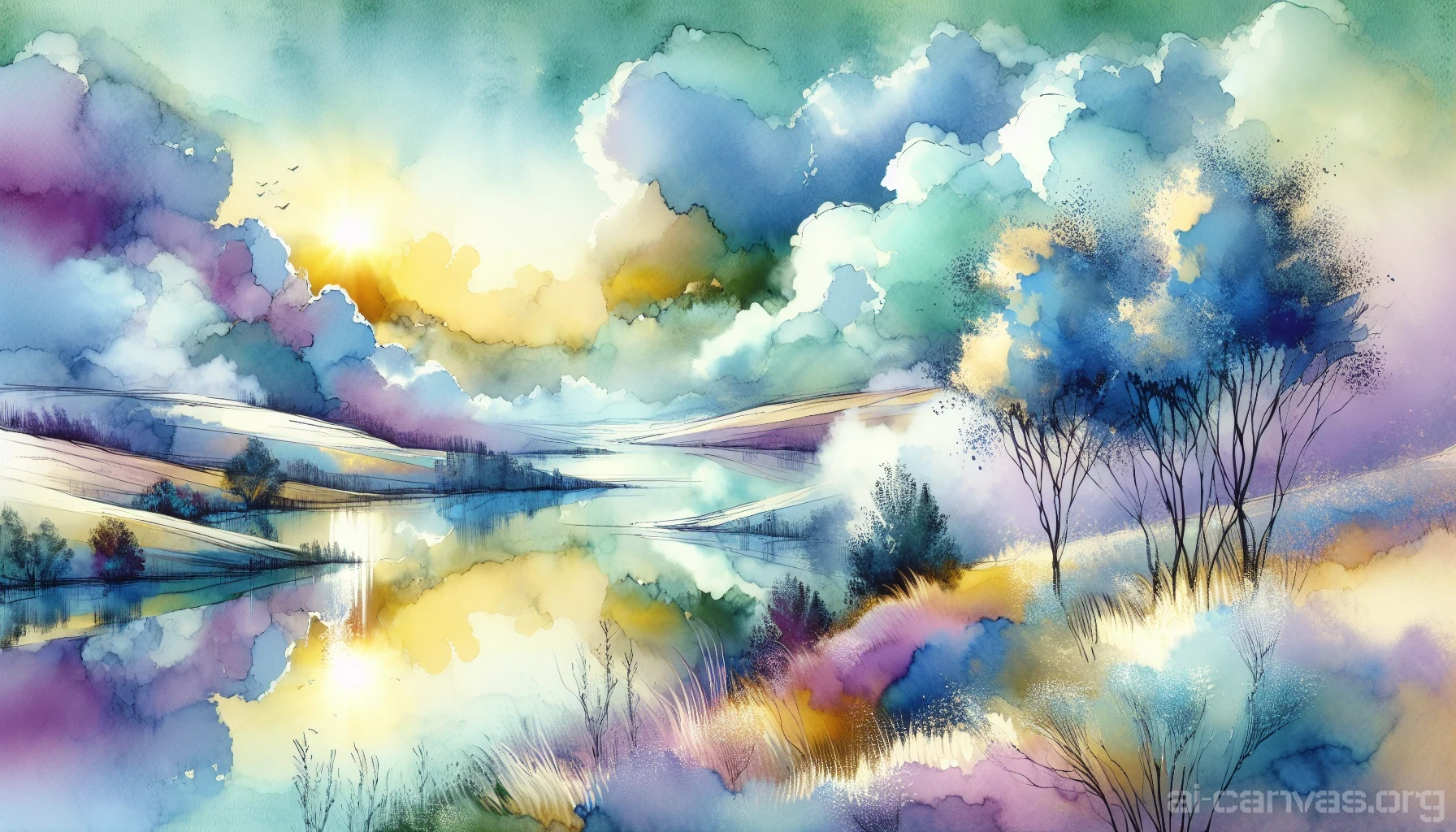 Imagine a serene scene where soft, flowing watercolor strokes blend seamlessly into vibrant landscapes. Rolling hills are painted in pastel shades of lavender and mint, while fluffy clouds float gently above. A reflective lake mirrors the enchanting sky, dotted with wisps of golden sunlight. Delicate trees stand tall, their leaves whispering in a gentle breeze, creating an ethereal atmosphere that invites viewers to step into this tranquil dreamscape.