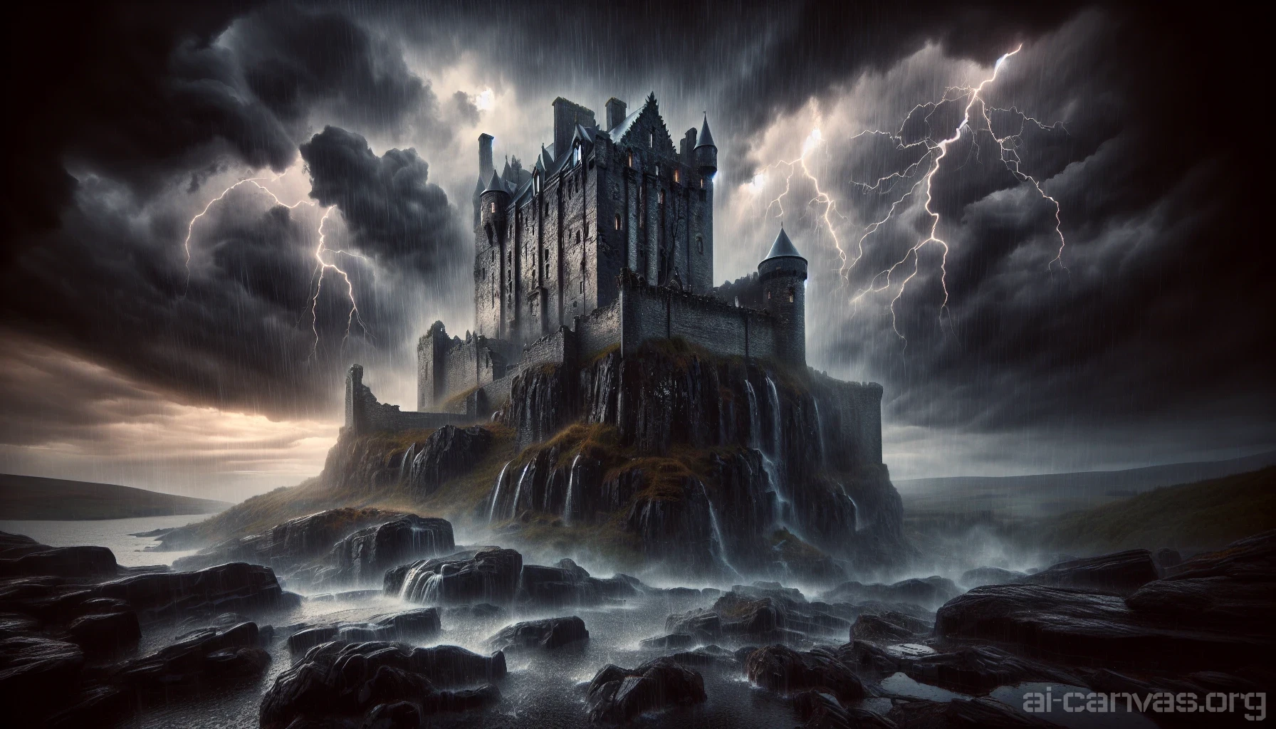 In a dramatic scene, a once-majestic castle stands perilously on a jagged cliff, its weathered stones glistening under a relentless thunderstorm. Dark, ominous clouds swirl overhead, illuminated occasionally by flashes of lightning that reflect off the castle's crumbling walls. Rain cascades down like a waterfall, pooling at the base, while jagged rocks surround the castle, enhancing its haunting beauty in the tempestuous atmosphere.