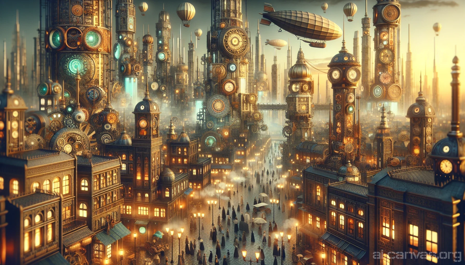 Imagine a bustling steampunk cityscape, where clockwork mechanisms whir and click under the warm glow of gas lamps. The skyline is adorned with towering brass structures, intricate pipes, and billowing steam, while airships glide gracefully above. A procession of elegantly dressed figures navigates the cobblestone streets, complete with goggles and top hats. Each mechanical detail pulsates with life, embodying the harmonious fusion of artistry and engineering.