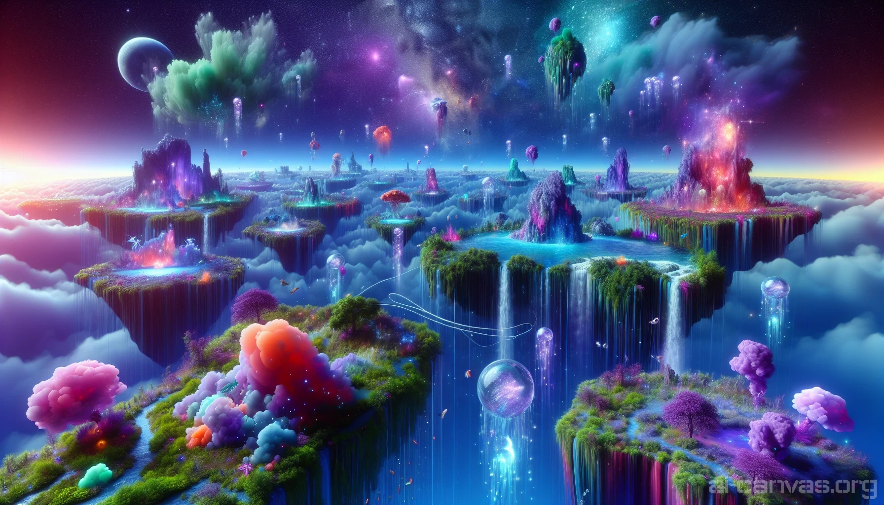 Envision a surreal landscape where vibrant, floating islands drift serenely in an endless void. Each island boasts lush, neon vegetation and iridescent waterfalls that cascade into the abyss below, creating a mesmerizing mist that shimmers in hues of blue and purple. The sky above glows with celestial bodies, merging the magical with the cosmic, as alien creatures glide effortlessly between the islands, exploring their enchanting world.