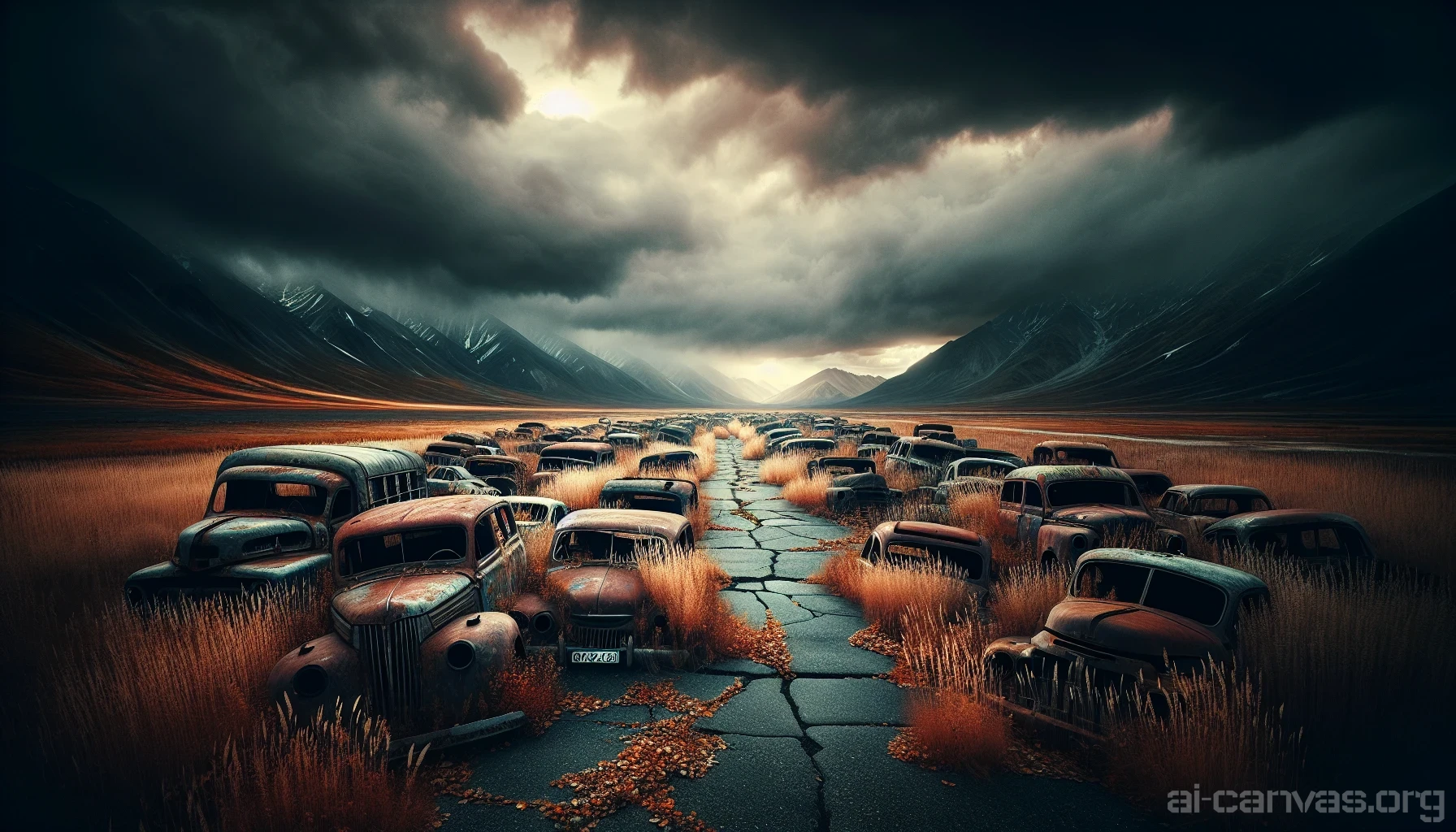 A haunting scene unfolds on an abandoned battlefield, where time has stood still. Rusting vehicles lay in disarray, their once-bright paint now dulled by layers of weathered decay. Tall grasses weave through cracked asphalt, reclaiming the land, while ghostly silhouettes of distant mountains rise against a stormy sky. The air is thick with silence, echoing the forgotten stories of valor and loss.