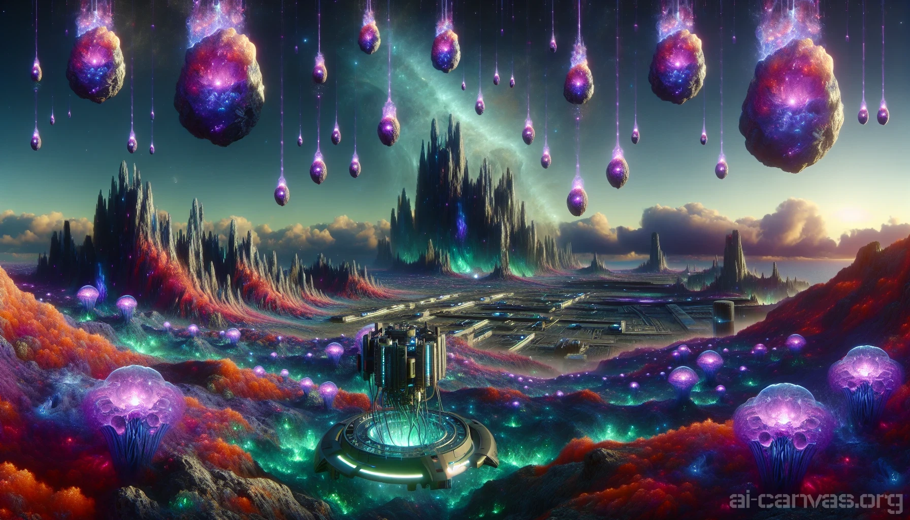 Envision a vast alien landscape teeming with vibrant, bioluminescent flora and ominous rock formations. Strange, floating crystals hover above the ground, pulsating with energy as mining drones whir softly in the background. A sky filled with swirling purple and green nebulae casts an otherworldly glow over the scene, while futuristic mining equipment glints under the ethereal light, ready to uncover the secrets of this mysterious world.