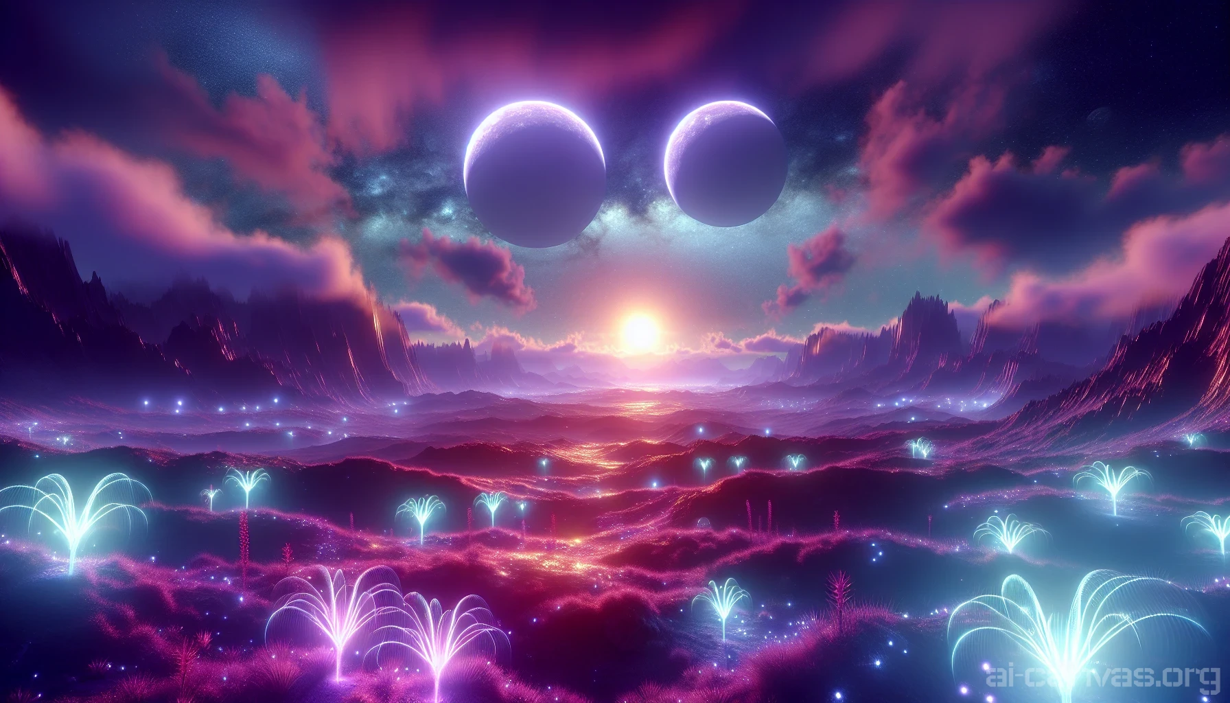 Imagine a fantastical planet where three shimmering moons orbit gracefully, casting a surreal glow on the vibrant purple skies. Wisps of ethereal clouds drift lazily as alien flora sways beneath the enchanting light. The landscape is dotted with iridescent rocks and luminescent plants, creating a dreamlike atmosphere. In the distance, jagged mountain peaks pierce the horizon, reinforcing the otherworldly beauty of this mesmerizing celestial realm.