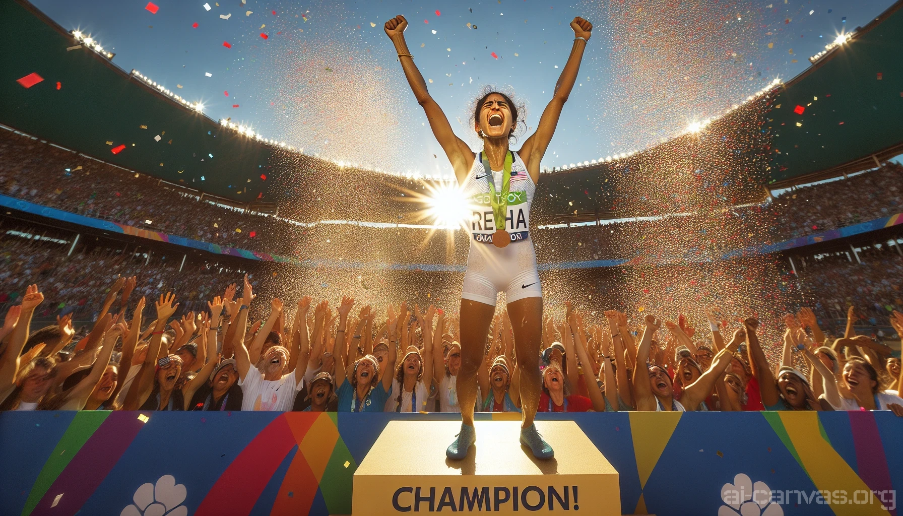 A triumphant athlete, drenched in sweat and joy, stands on a sunlit podium, arms raised high in celebration. Confetti rains down, shimmering like stars against the clear blue sky. The crowd erupts in a euphoric cheer, their faces reflecting pure elation. Behind, a vibrant banner proclaims “Champion!” while the athlete’s glowing smile captures the essence of hard-fought victory. Every detail exudes a sense of achievement and overwhelming joy.