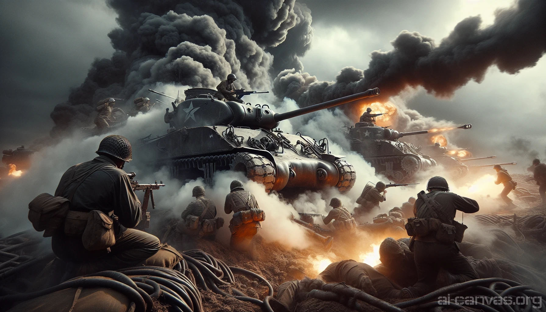 A chaotic war scene unfolds, showcasing a battleground shrouded in thick, swirling smoke. Monstrous tanks rumble across the terrain, their powerful treads sinking into the churned earth. Explosions illuminate the dim atmosphere, casting eerie shadows on the soldiers hunkered down nearby. The air is charged with tension as the sounds of distant artillery echo, painting a vivid portrait of resilience amidst destruction.