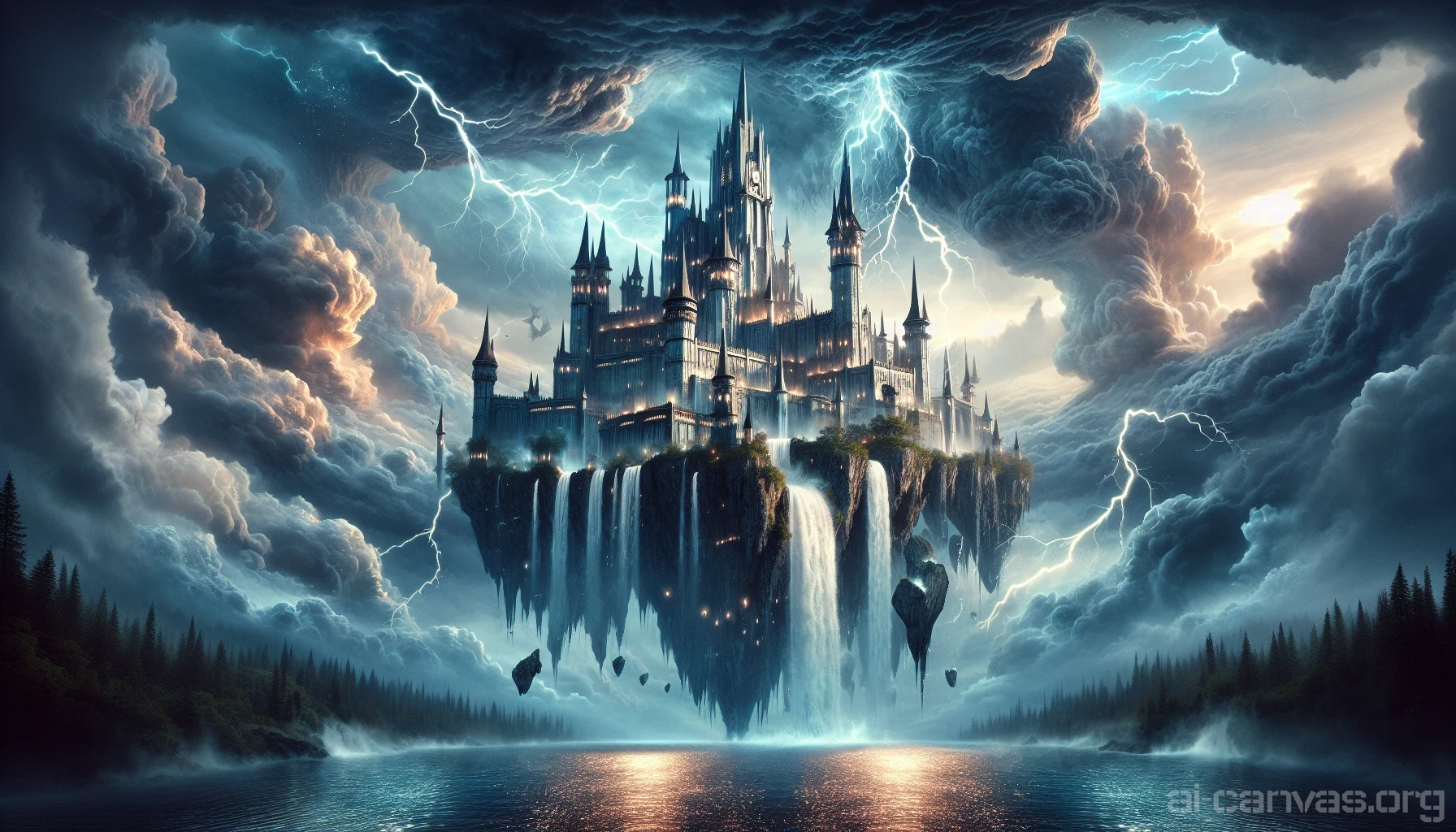 A majestic floating castle looms amidst a tempestuous sky, its spires piercing the dark clouds swirling with electric energy. Lightning flickers, illuminating the ancient stones and cascading waterfalls that spill from its edges. Below, churning seas reflect the vibrant chaos above, while wisps of mist curl around the castle, enhancing its ethereal presence. This enchanting scene captures the power of nature and the allure of mythical realms.