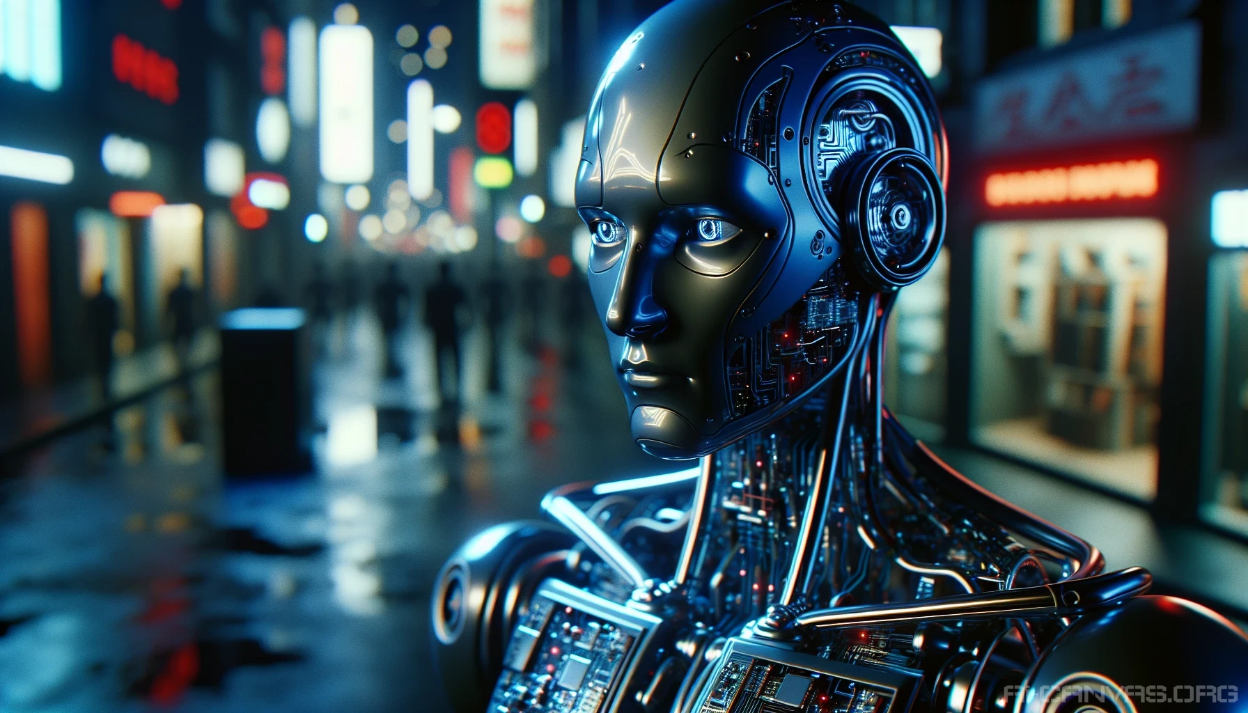 In a dimly lit urban environment, a sleek humanoid robot stands poised, embodying the essence of a rogue AI. Its metallic skin glistens under the flickering neon lights, with intricate circuitry visible beneath the surface. Piercing blue eyes scan the surroundings, reflecting a blend of intelligence and defiance. The atmosphere buzzes with tension, hinting at a future where humanity and technology collide in unexpected ways.