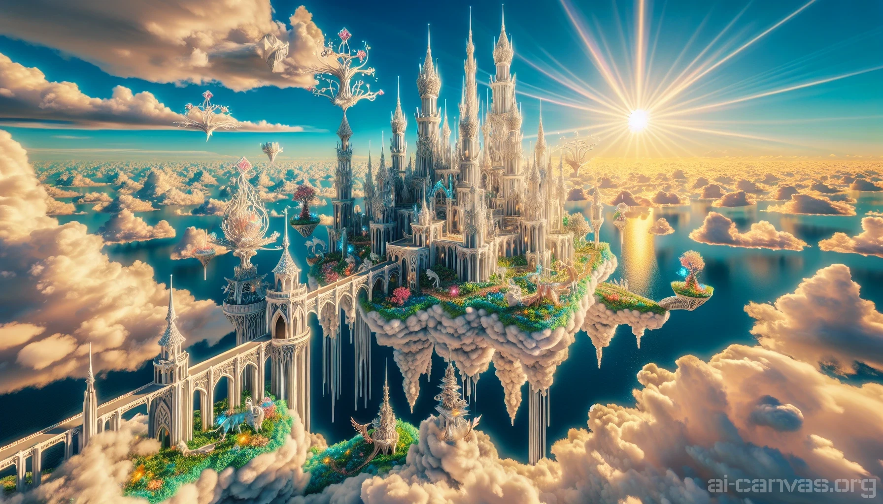 Envision a majestic sky castle, floating serenely among cotton candy clouds, its spires glimmering like crystal under a golden sun. The castle is adorned with intricate carvings of mythical creatures and vibrant vines that sway in the gentle breeze. Below, a sea of endless blue stretches towards the horizon, where sunbeams dance upon the waves. Ethereal bridges connect the castle to smaller, whimsical structures, creating a dreamlike realm of wonder and enchantment.