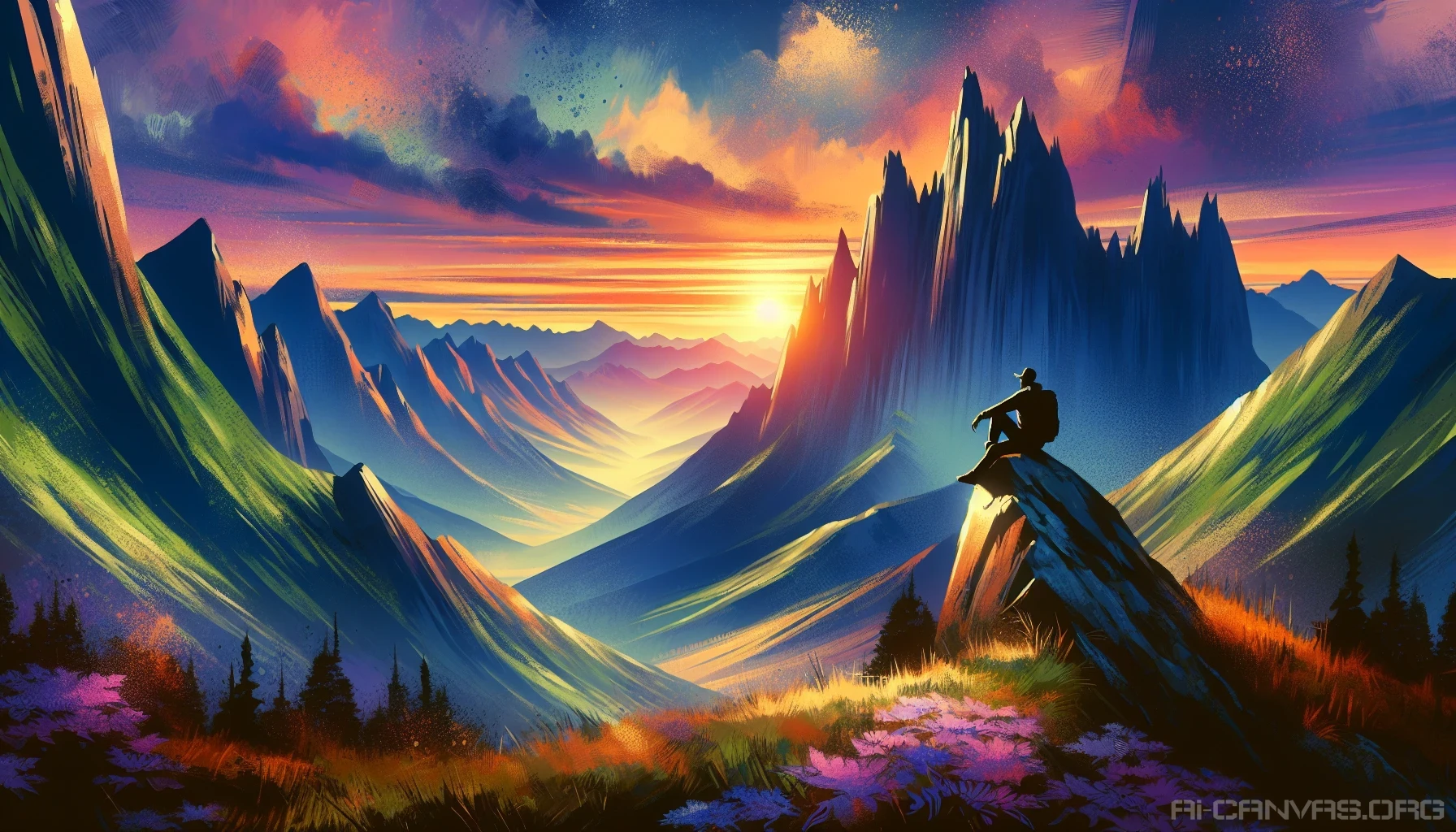 Capture a scene where a lone traveler stands at the edge of a rugged cliff, gazing in wonder at a vast expanse of majestic mountains bathed in the golden light of sunset. Their silhouette is framed against the dramatic peaks, while valleys below are filled with lush greenery. The sky swirls with hues of orange, pink, and purple, evoking a sense of both peace and exhilaration.