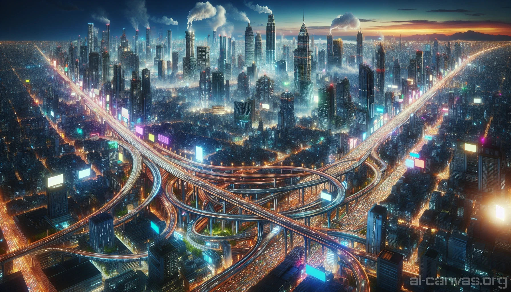 Immerse yourself in a sprawling megacity where layered highways weave through towering skyscrapers and vibrant industrial zones. The scene bursts with energy, showcasing a kaleidoscope of lights and bustling traffic, while factories emit plumes of steam against a backdrop of luminous billboards. Skyscrapers penetrate the skyline, and pedestrian walkways above the chaos add depth to this dynamic urban landscape.