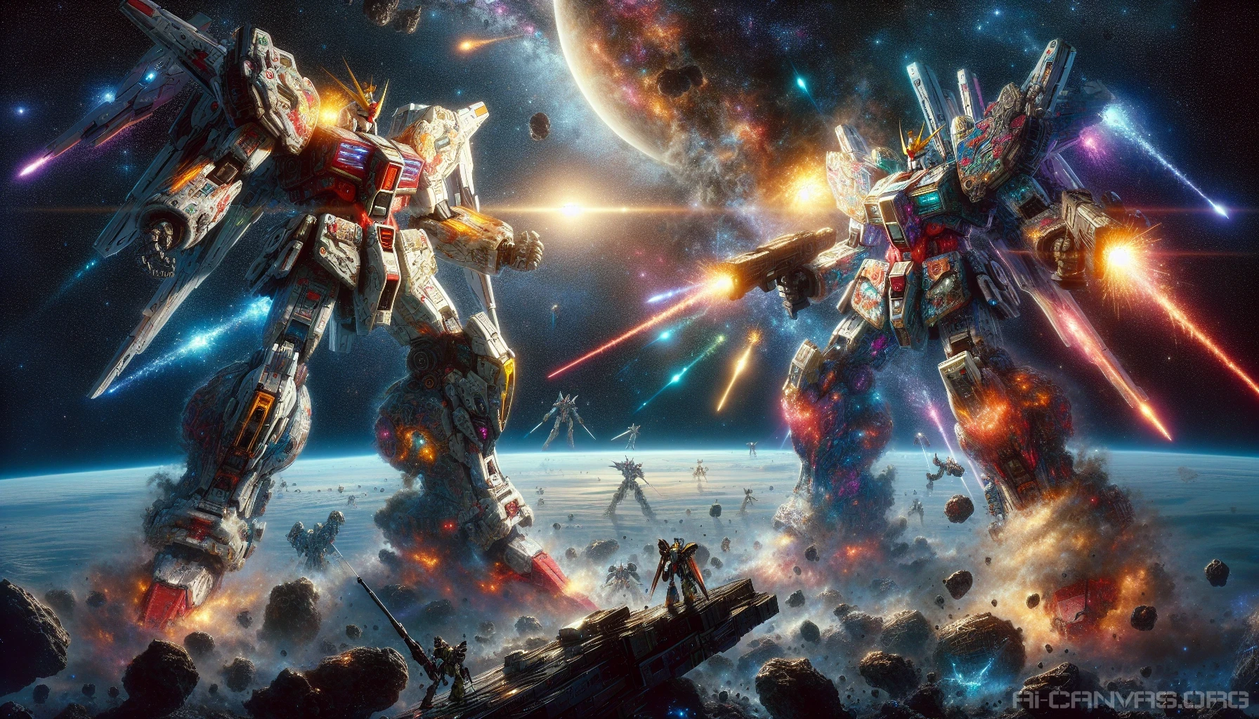 In a breathtaking expanse of outer space, towering mecha fighters engage in an epic battle among glimmering stars and swirling galaxies. The colossal machines, adorned with vibrant colors and intricate designs, unleash beams of energy while dodging debris from a nearby asteroid belt. Below, a distant planet serves as a dramatic backdrop, casting an ethereal glow over the intense conflict between pilots determined to claim victory in the cosmos.