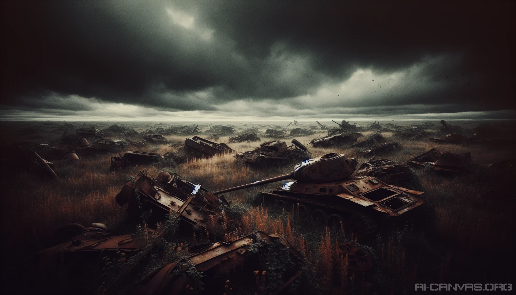 In a haunting landscape, a vast abandoned battlefield stretches beneath a moody, overcast sky. Jagged silhouettes of rusting tanks and broken vehicles lay scattered across the terrain, their metal frames cloaked in layers of orange and brown rust. Worn down by time and nature, wild grasses and creeping vines reclaim the land, weaving through the remnants of conflict, whispering tales of a forgotten era.