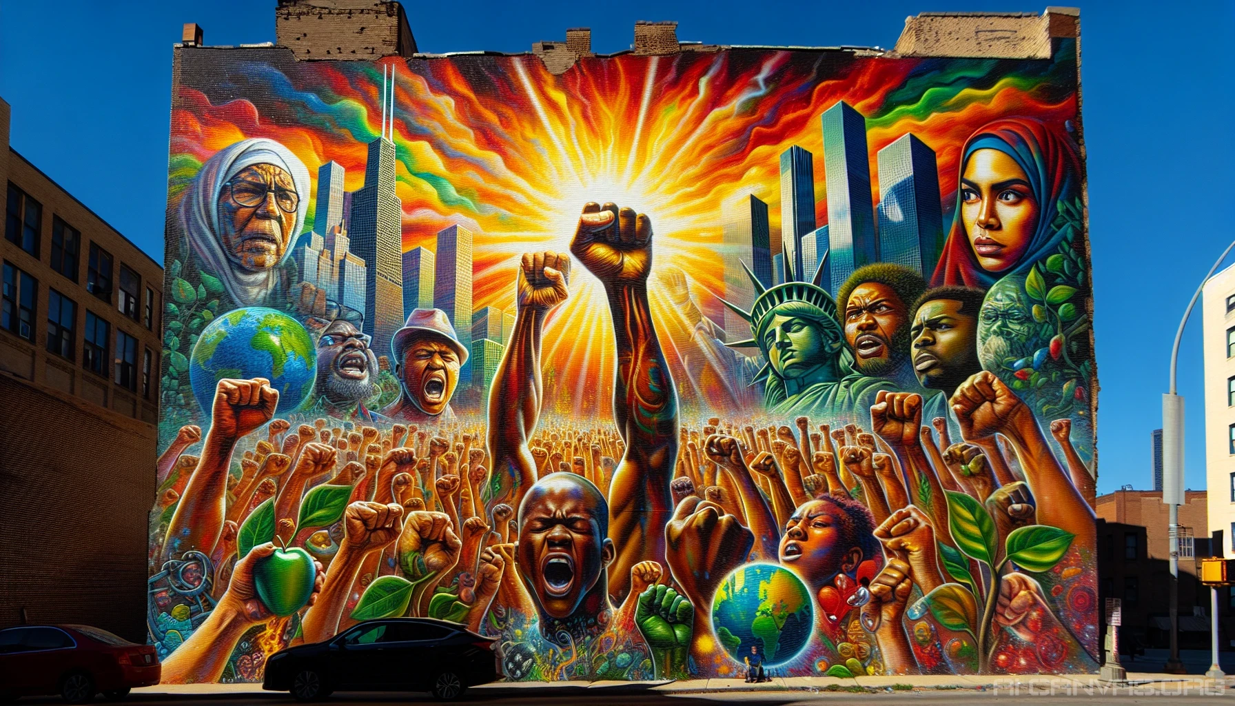 This image showcases a vibrant mural set against an urban backdrop, blending powerful visuals representing various social issues: climate change, racial equality, and mental health awareness. Each section pulsates with color and emotion, illustrating poignant moments of protest and solidarity. In the foreground, diverse individuals raise their fists, united in hope, while the sunlight casts a warm glow, symbolizing the dawn of a new era.