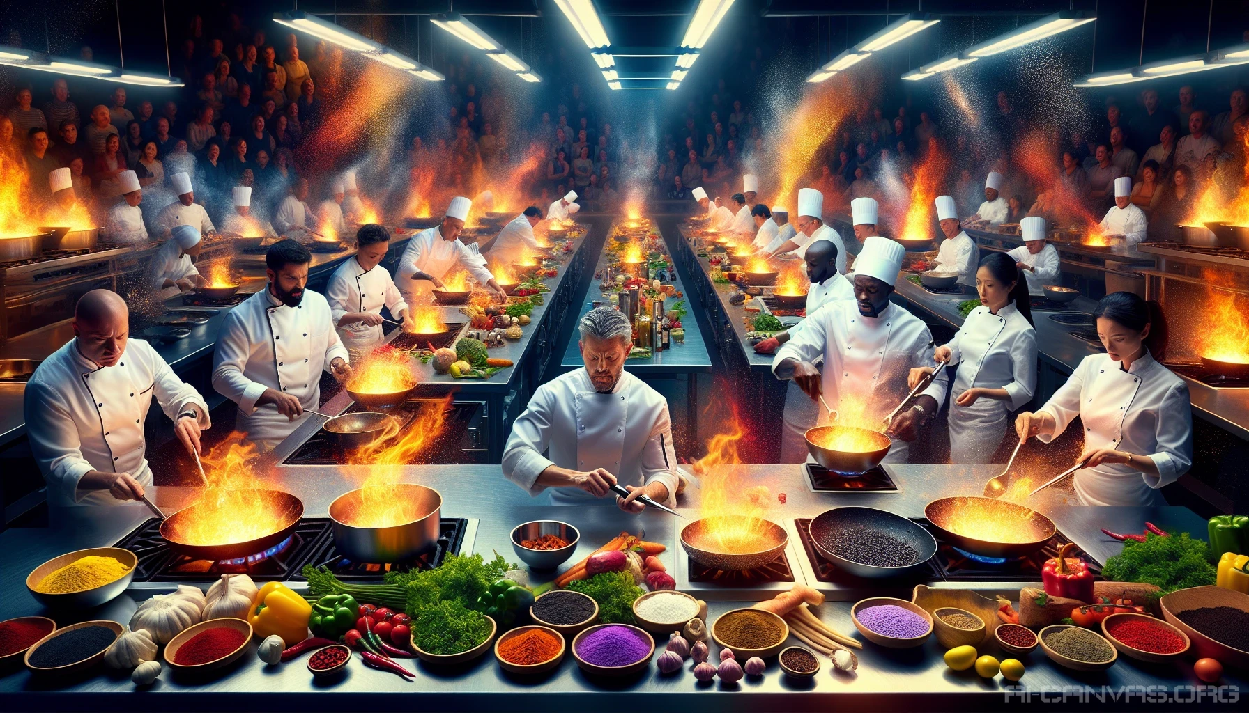 Step into a bustling kitchen arena, where chefs battle fiercely amidst steaming pots and sizzling pans. Bright lights illuminate the colorful ingredients scattered across vibrant countertops as the clock ticks down. Flames leap from skillets, and spices fly through the air, creating an electrifying atmosphere filled with the aromas of culinary creativity. Witness the intense focus and passion as these culinary warriors strive for glory in a whirlwind of flavor.