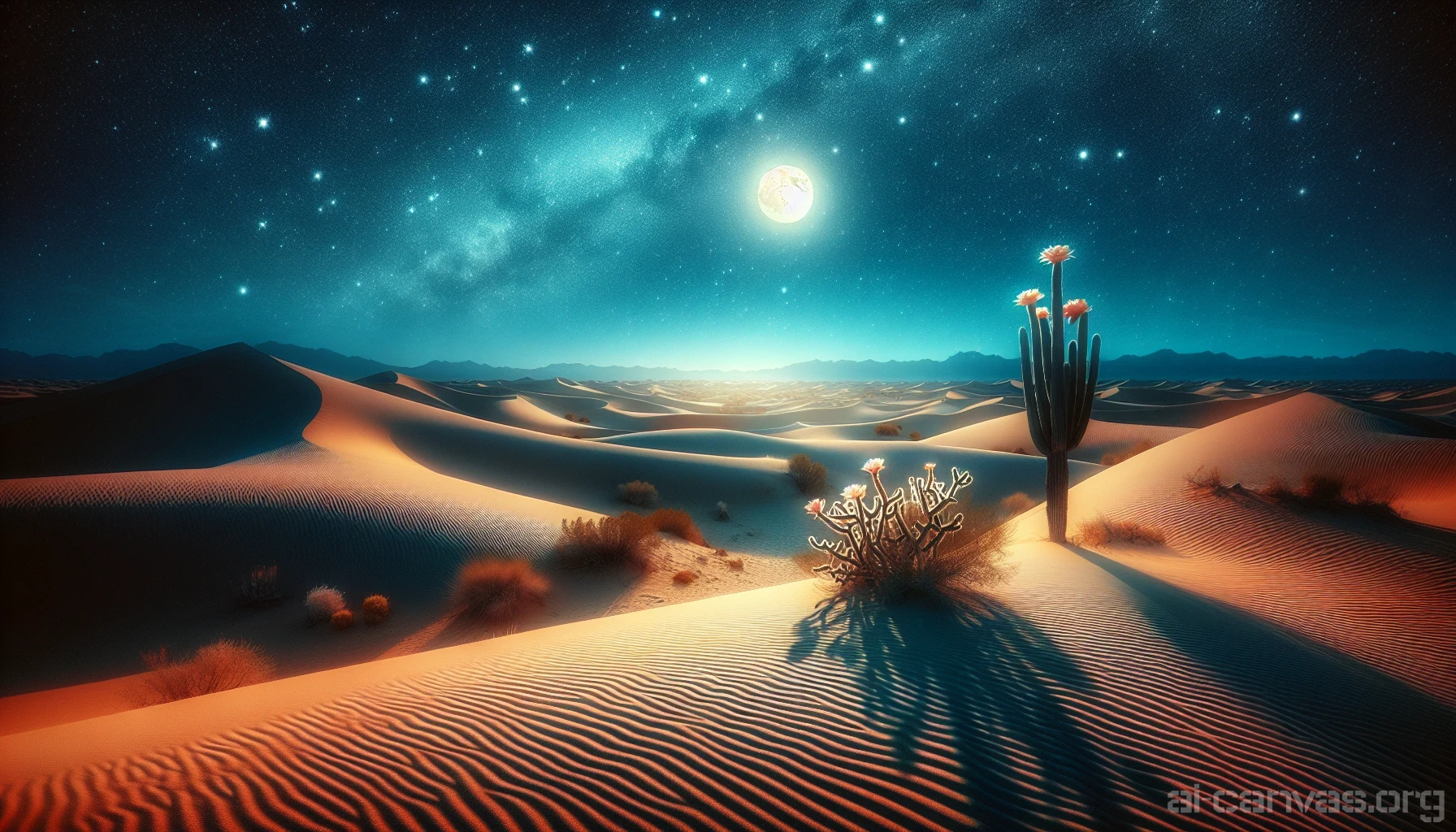 Imagine a vast desert under a blanket of twinkling stars, where the soft dunes are illuminated by moonlight, casting delicate shadows on the sand. A gentle breeze stirs, creating ripples across the terrain. In the foreground, a lone cactus stands tall, adorned with glowing flowers that reflect the celestial beauty above. In the distance, the silhouette of distant mountains adds depth to this serene nightscape, inviting introspection and wonder.