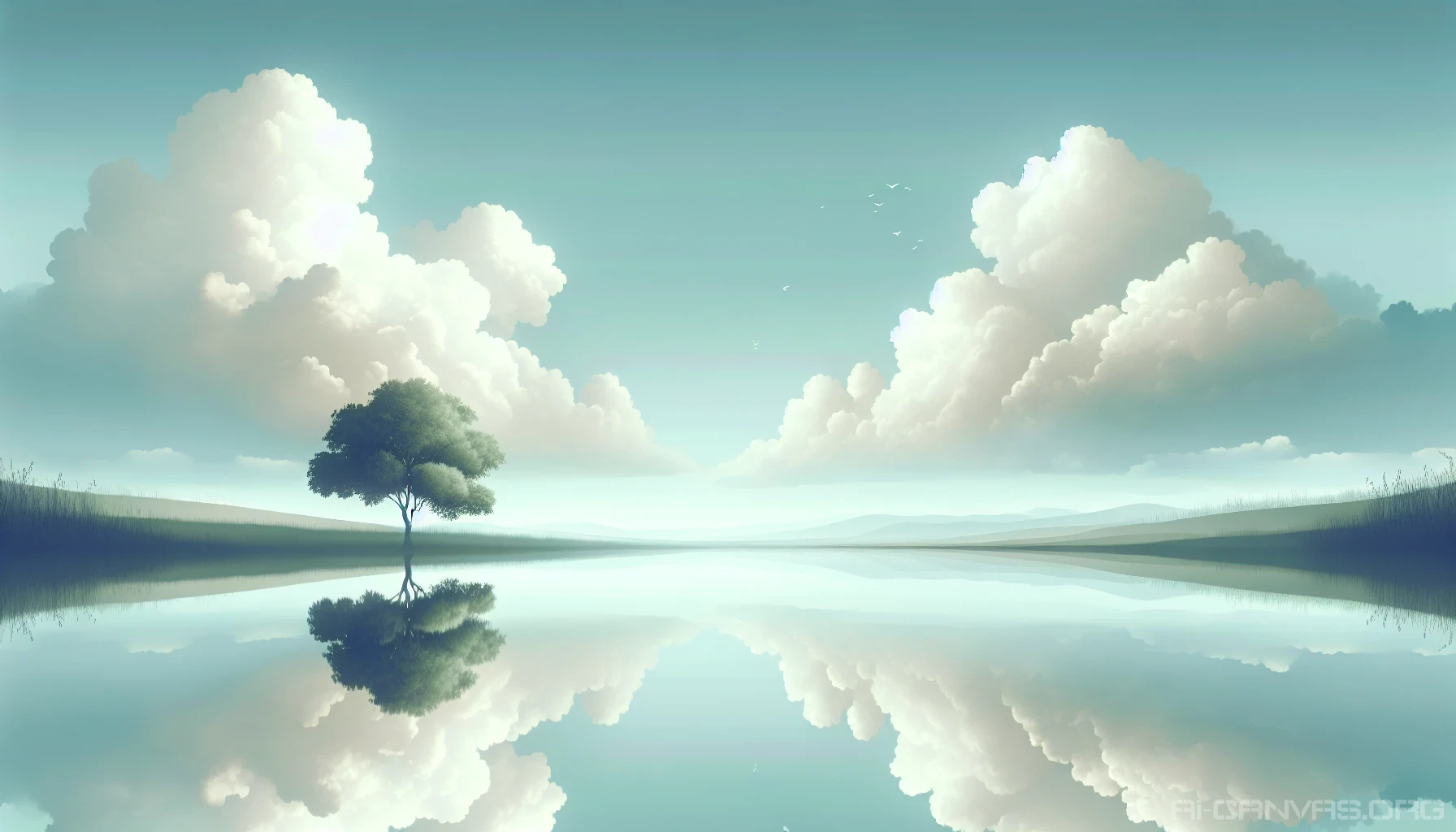 Create an image that captures the essence of minimalism through a tranquil landscape, featuring a lone, elegant tree surrounded by expansive, soft white clouds and a calm, reflective lake. The color palette should be soothing, with gentle shades of green and blue, evoking a sense of peace and simplicity. This serene composition invites viewers to breathe deeply and appreciate the beauty of minimalistic design.