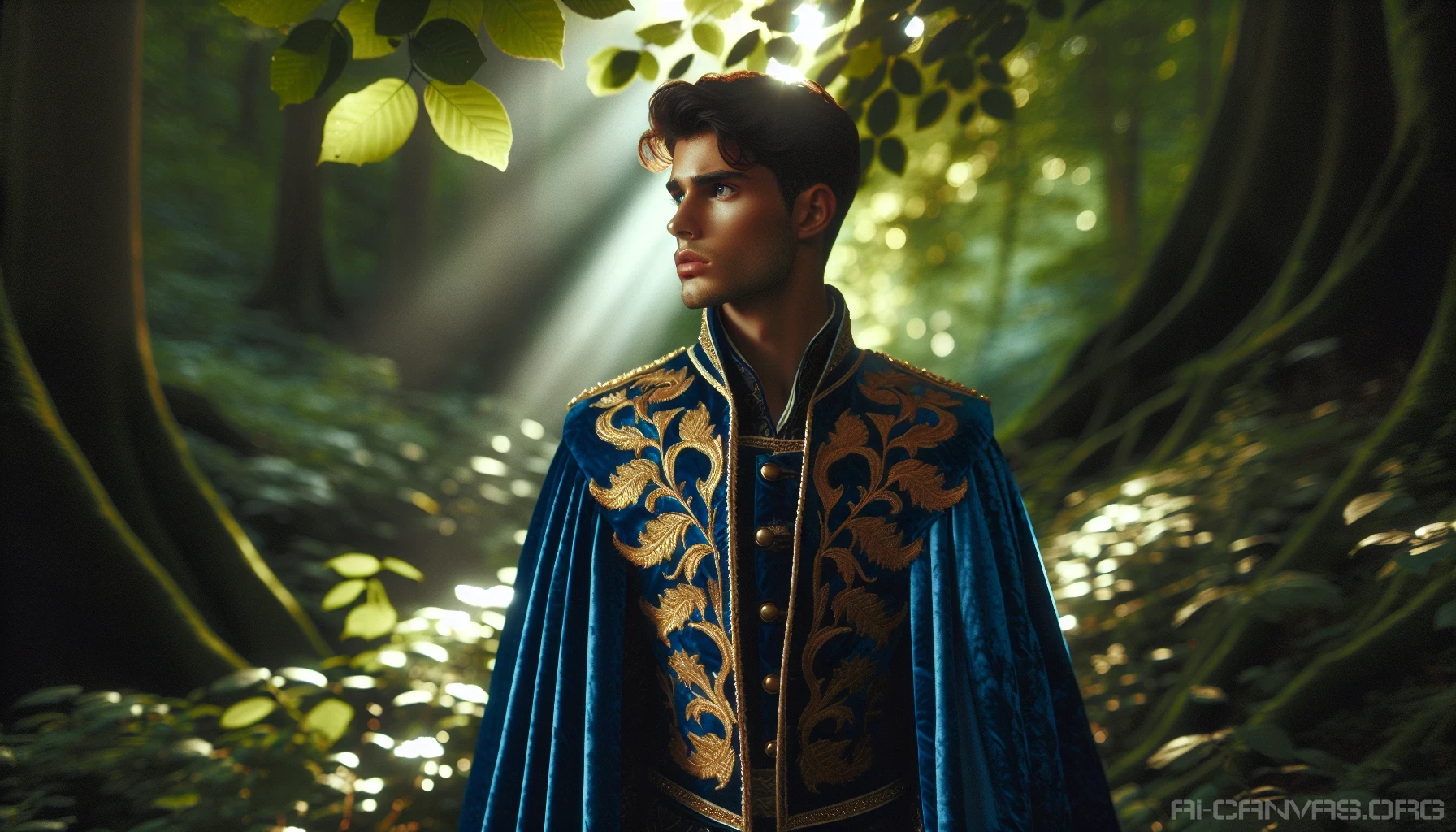 In a lush, enchanted forest, a young prince stands tall, draped in an opulent royal cape adorned with intricate gold embroidery. The sunlight filters through the leaves, casting a warm glow on his determined expression. His deep azure attire contrasts beautifully with the rich greens around him. A gentle breeze flutters the cape, suggesting both grace and strength as he prepares to embark on a noble quest.