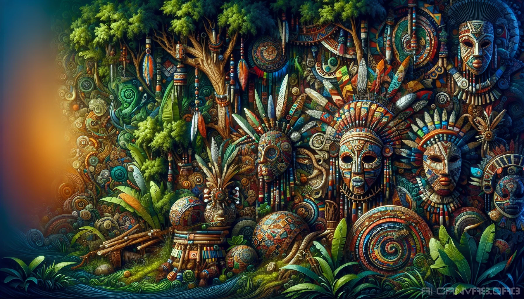 Imagine a captivating scene that weaves together the rich textures and bold colors of tribal African art. The image showcases intricately patterned fabrics, adorned masks, and ceremonial artifacts, all pulsating with life. Surrounding these elements, lush greenery enhances the vibrancy, while whispers of traditional dance and music infuse the air with energy. Each detail tells a story, inviting viewers into a world of cultural depth and artistic expression.