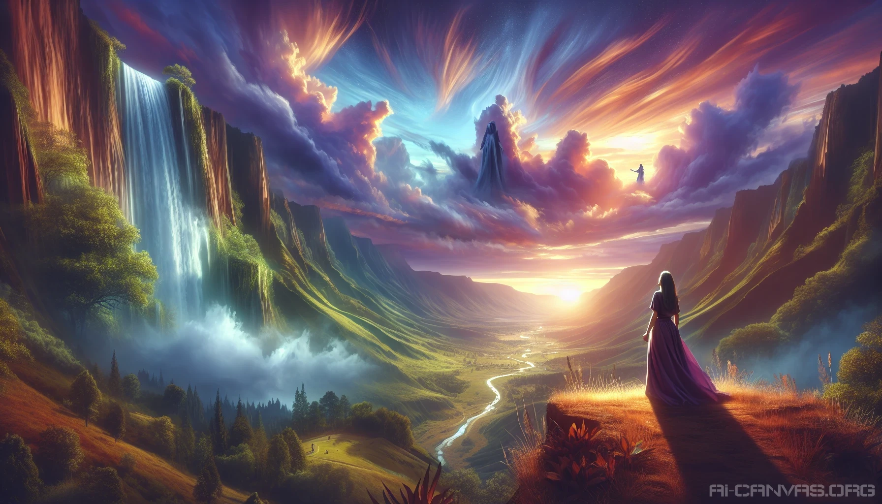 Capture a scene where a solitary figure stands mesmerized at the edge of a cliff, gazing upon a vast valley filled with lush, rolling hills and a cascading waterfall. The sun sets in the background, painting the sky with hues of orange and purple. Fluffy clouds drift lazily above, while the cool breeze rustles through the trees, enveloping the viewer in a sense of wonder and tranquility.