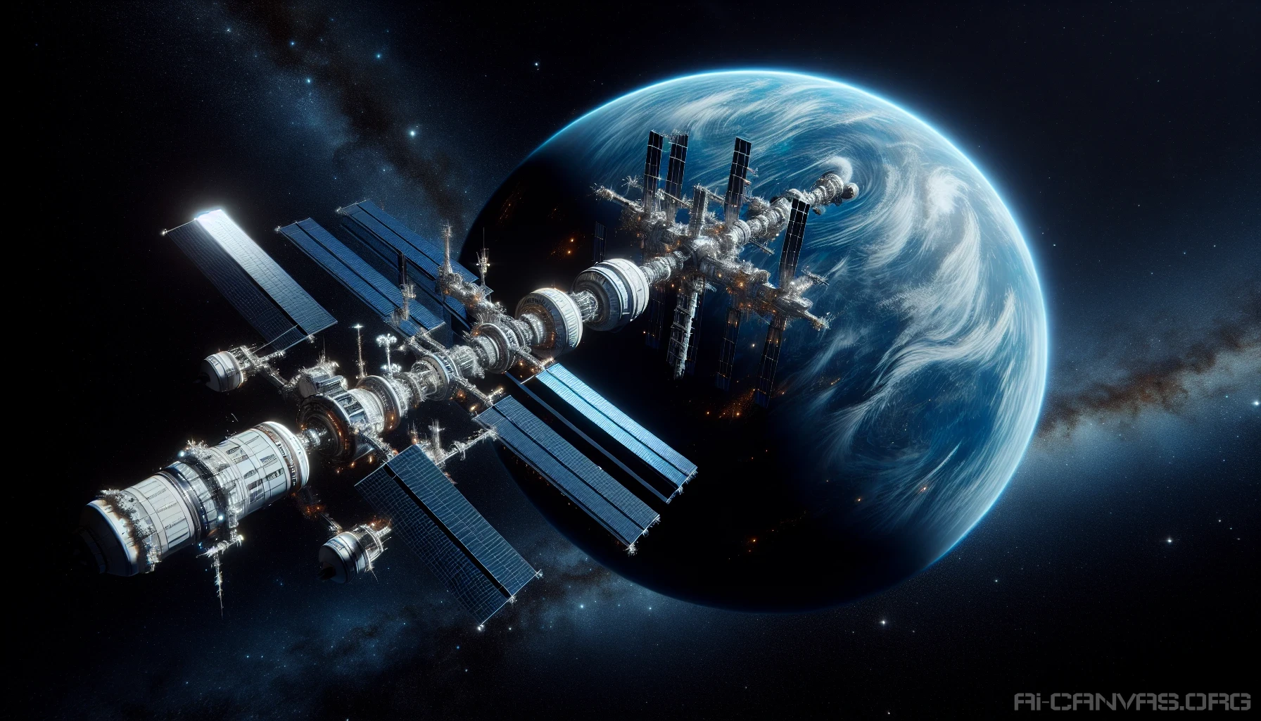 A majestic space station floats gracefully in the vastness of space, tethered to a stunning blue planet that glistens like a sapphire jewel. The intricate design of the station, with its shimmering solar panels and glowing thrusters, contrasts beautifully against the deep black backdrop of the cosmos. Wisps of ethereal clouds swirl around the planet, creating a serene atmosphere as stars twinkle in the distance, enhancing the sense of wonder and exploration.