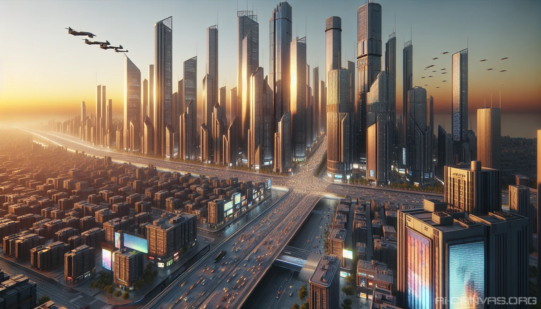 Imagine a sprawling metropolis where sleek skyscrapers tower over bustling streets, all intricately designed in a vivid 3D style. The skyline is bathed in the warm glow of a setting sun, casting long shadows and highlighting the architectural details. Flying vehicles zip through the air while vibrant billboards flicker with digital art, creating a dynamic atmosphere that pulsates with energy and innovation.