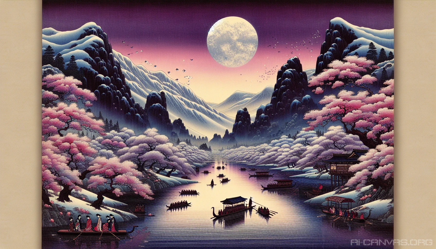 Immerse yourself in a vibrant world where traditional Ukiyo-e art meets modern fantasy. Envision a serene riverside scene, with graceful cherry blossoms swirling in the breeze, and elegantly dressed figures gliding across the water on ornate boats. The sky is painted in mesmerizing hues of twilight, blending deep purples and soft pinks, while majestic mountains loom in the distance, creating a harmonious balance of nature and culture.