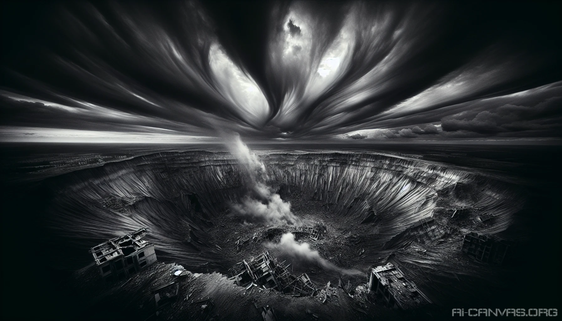 A vast, gaping crater dominates the landscape, its jagged edges reflecting the raw power of destruction. Surrounding this scarred earth, remnants of shattered buildings lean precariously, shrouded in swirling dust. The sky overhead is a tumultuous mix of dark, brooding clouds, casting eerie shadows upon the devastation below. Flickers of light pierce through, hinting at resilience amidst chaos, inviting viewers to contemplate the aftermath of conflict and the fragility of peace.