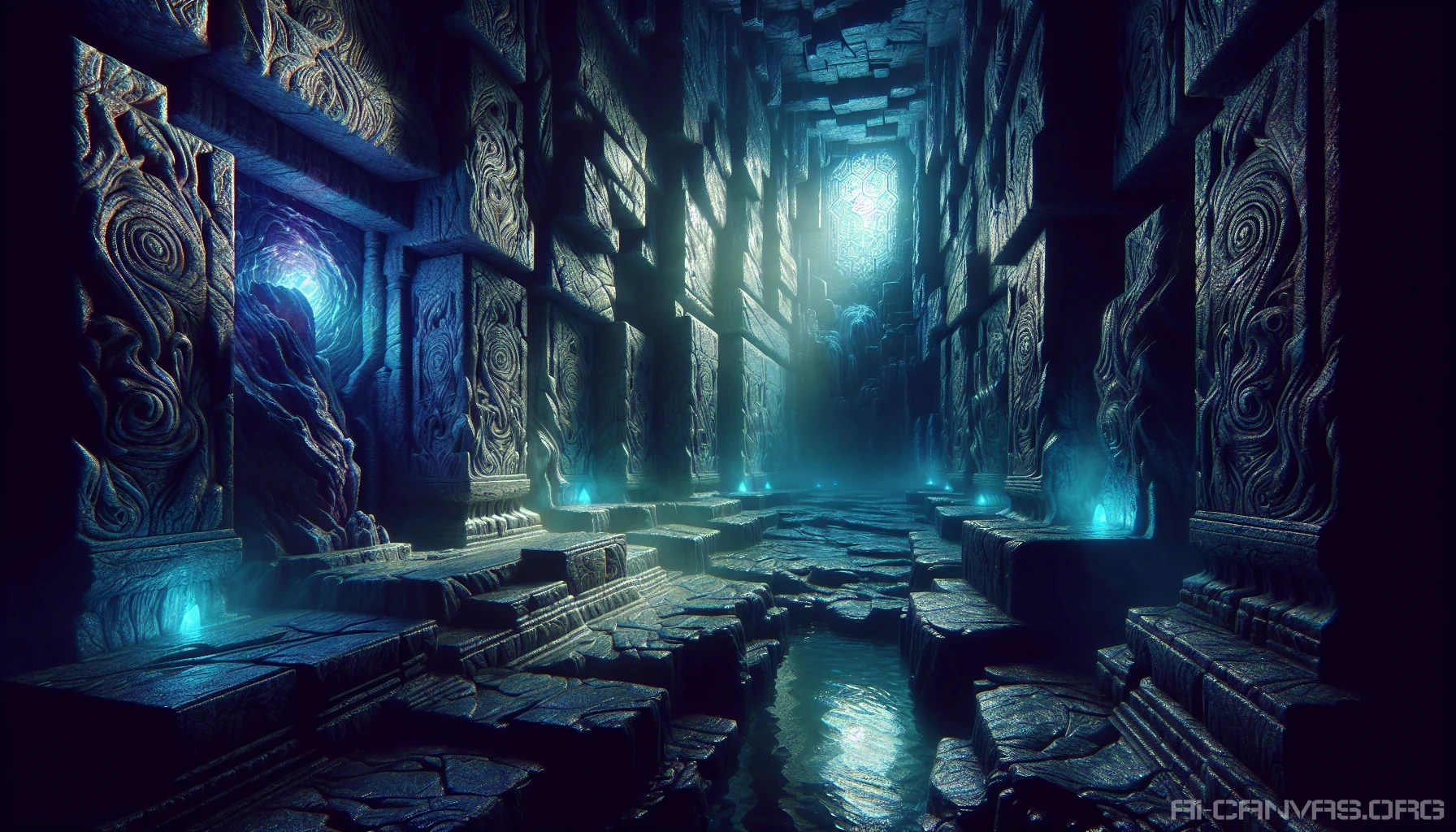 Step into a dark, enigmatic dungeon where the air is thick with mystery. Jagged stone walls are illuminated by ethereal glowing crystals in hues of blue and violet, casting shimmering reflections on the damp floor. The atmosphere is heavy with the whispers of ancient secrets, as shadows dance around corners. Intricate carvings hint at a lost civilization, inviting explorers into its forgotten depths.