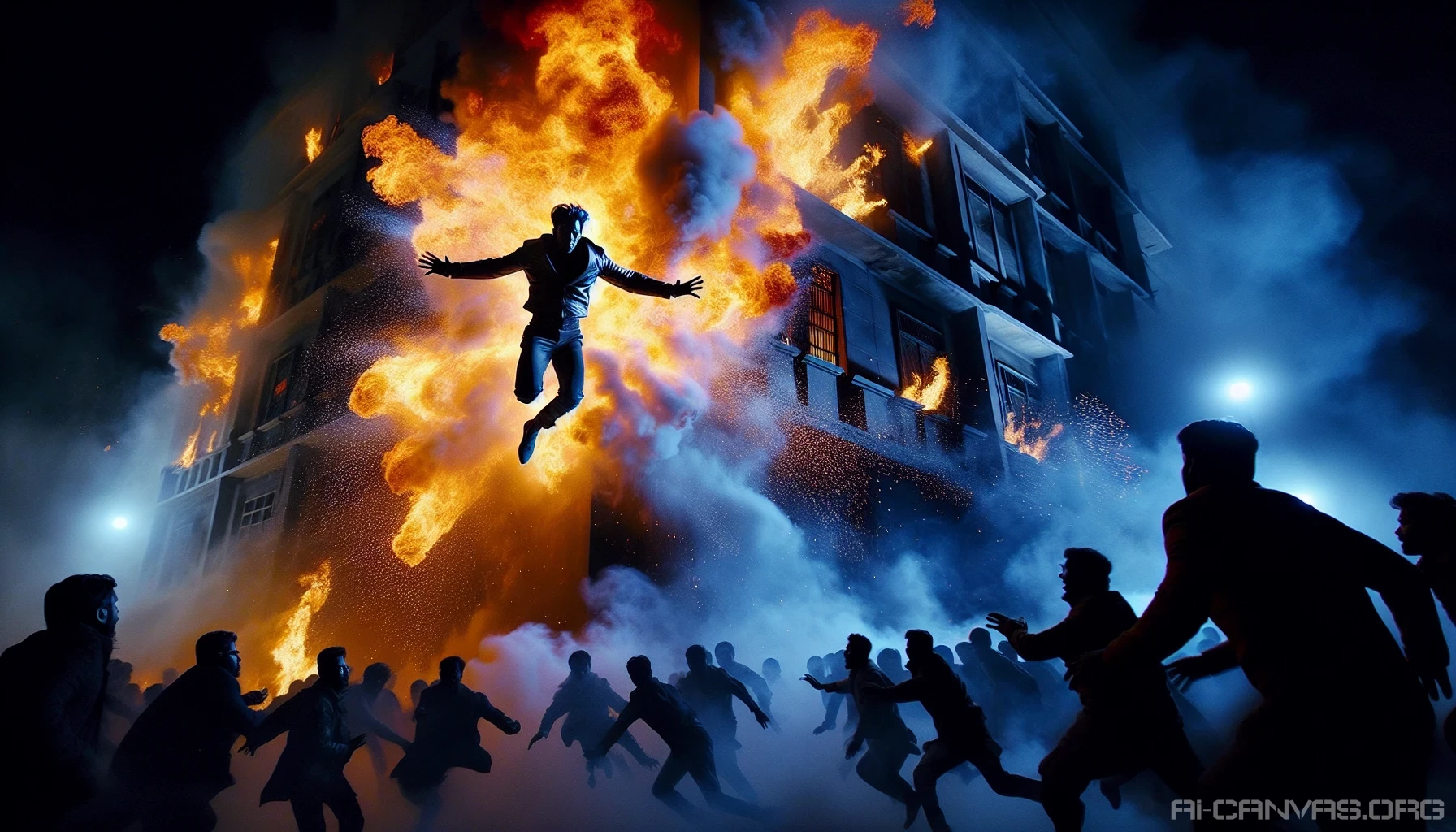 A heroic figure bursts through flames and smoke, leaping from a towering inferno. The scene captures the intensity of the moment, showcasing the character in mid-air with arms outstretched, face determined and fearless. Fiery hues of orange and red swirl around, contrasting with the cool blues of the night sky. Below, the shadows of onlookers gasp in awe, heightening the drama of this daring escape.