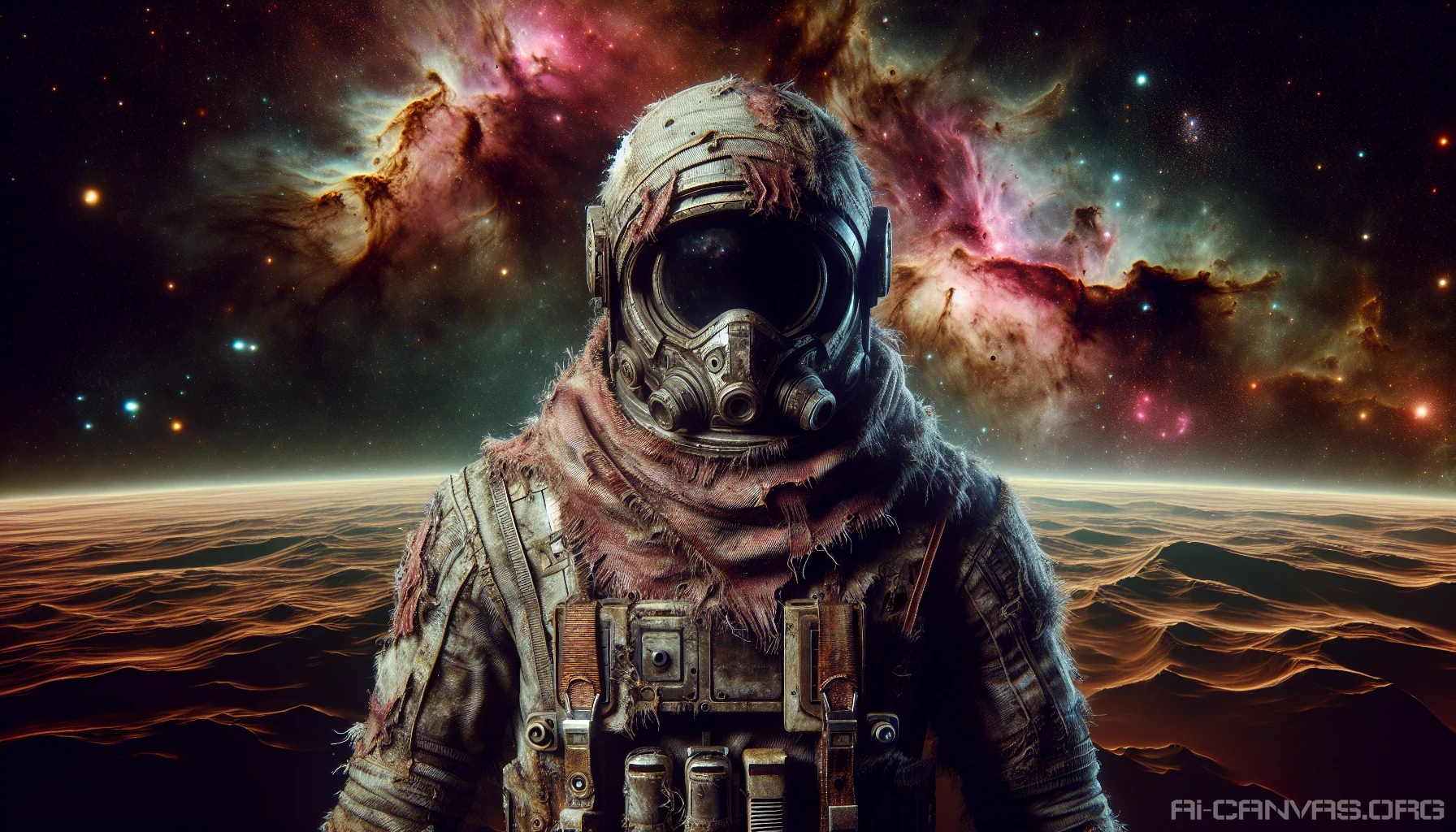 Capture the essence of a resilient space explorer, clad in a worn, damaged spacesuit that tells a story of survival against the cosmos' harsh elements. The suit, marked by deep scratches and patches, reflects a journey through asteroids and alien worlds. In the background, a swirling nebula illuminates the darkness, while distant planets hint at uncharted adventures waiting to be discovered.