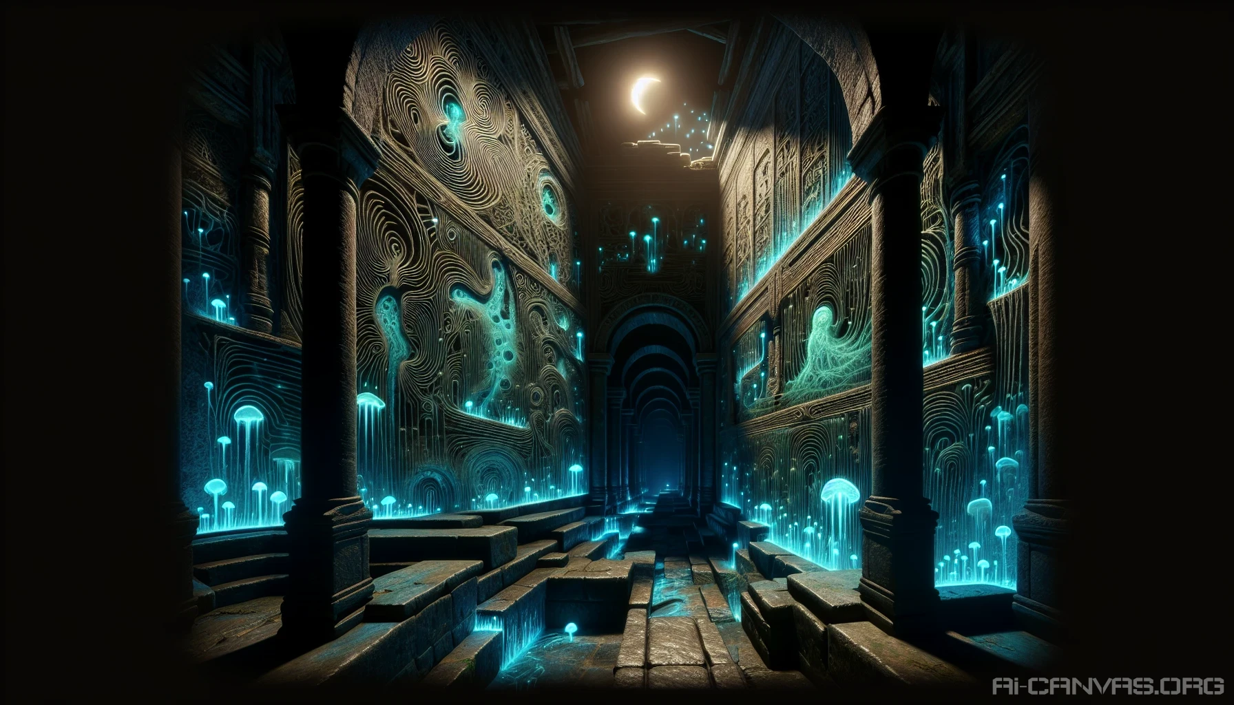 Delve into the depths of a mysterious, ancient labyrinth, where crumbling stone walls entwine with glowing bioluminescent fungi. Shadows dance across the intricate carvings that tell tales of lost civilizations, while the sound of dripping water echoes. A faint, eerie glow illuminates the path ahead, inviting you to explore winding corridors filled with secrets, forgotten relics, and the whispers of time long past.