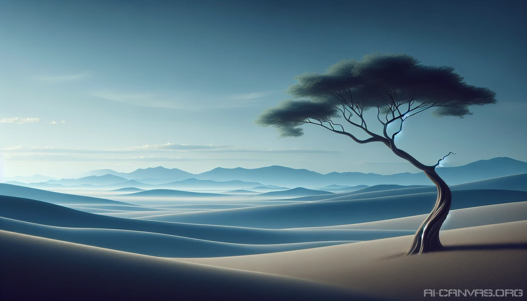 Imagine a tranquil landscape where vast, open spaces meet simplicity. A single, elegantly shaped tree stands in the foreground, its branches gently swaying in the breeze. A soft, muted color palette enhances the peaceful atmosphere, while distant mountains kiss the horizon under a bright blue sky. The composition captures the essence of minimalism, inviting viewers to breathe deeply and appreciate the beauty of less.