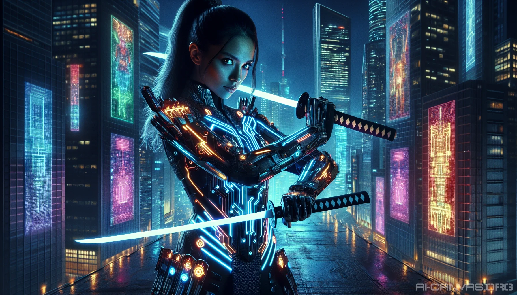 In a dark, neon-lit urban landscape, a high-tech ninja stands poised for action. Clad in sleek, reflective armor embedded with glowing circuit patterns, their katana blades emit a vibrant, pulsating light. Shadows dance as the city skyline looms behind, each building illuminated by holographic advertisements. The air crackles with energy, and the ninja’s focused gaze hints at their next swift, silent move through this cybernetic world.