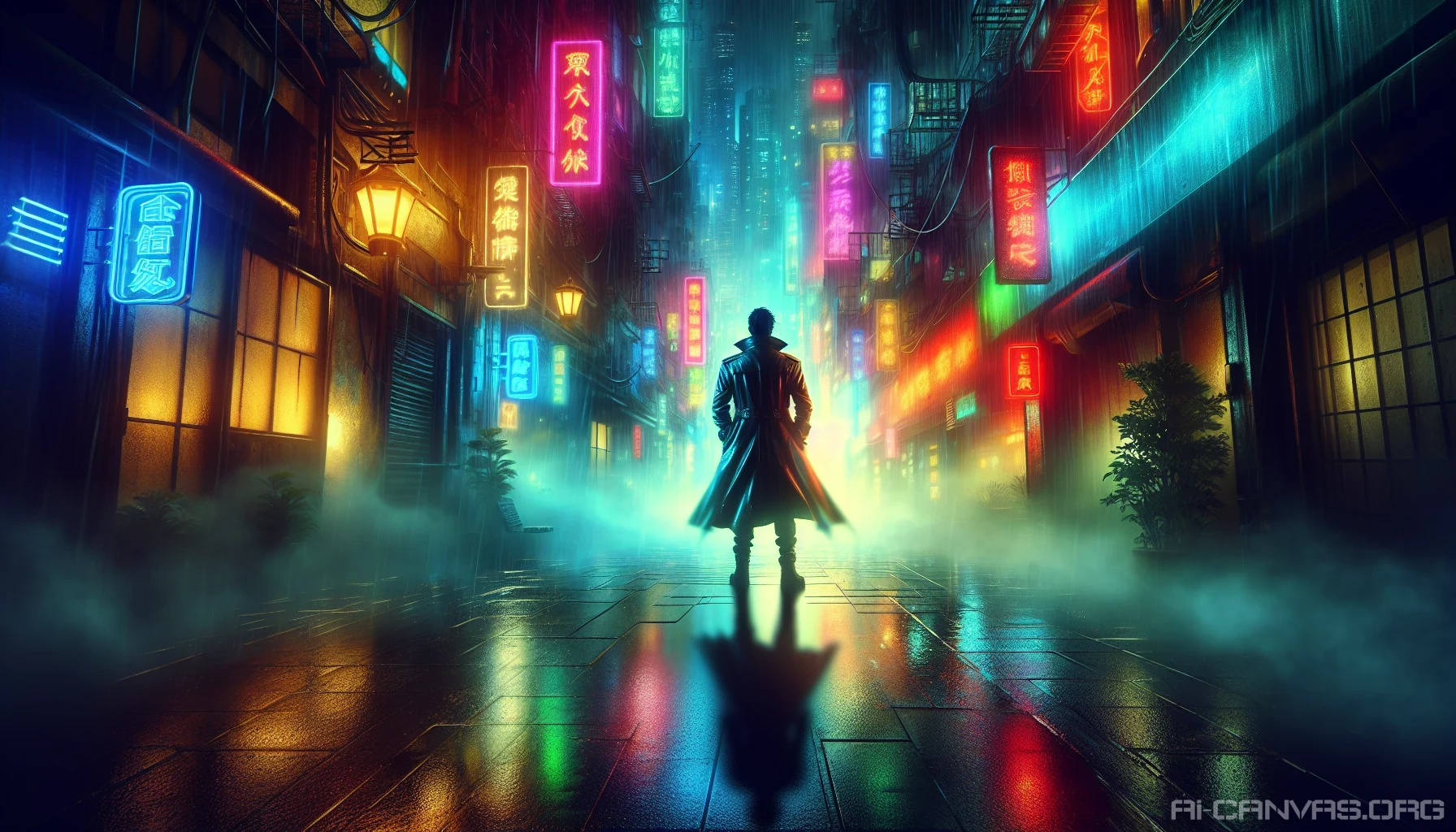 In a dimly lit cyberpunk alleyway, a lone figure clad in a high-tech trench coat stands against a backdrop of glowing neon signs, flickering like whispers in the thick, swirling fog. The rain-soaked pavement reflects the vibrant colors, enhancing the atmosphere with dramatic lighting that tells tales of a dystopian world. Shadows dance and intertwine, setting the scene for an enigmatic adventure.