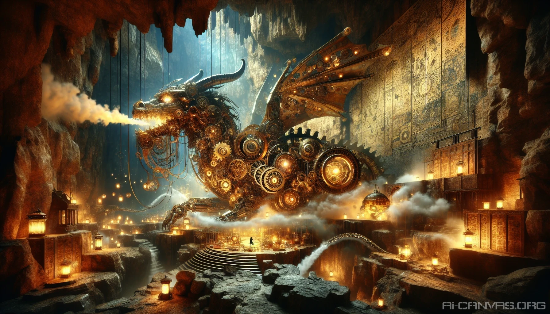 Step into a world where ancient myth meets steampunk innovation, as a colossal mechanical dragon looms above its lair, surrounded by intricate gears and shimmering brass accents. The cavernous space is filled with flickering lanterns casting shadows on stone walls adorned with runes. Wisps of smoke curl from the dragon’s nostrils, and treasures glitter below, inviting brave souls to embark on an exhilarating quest.