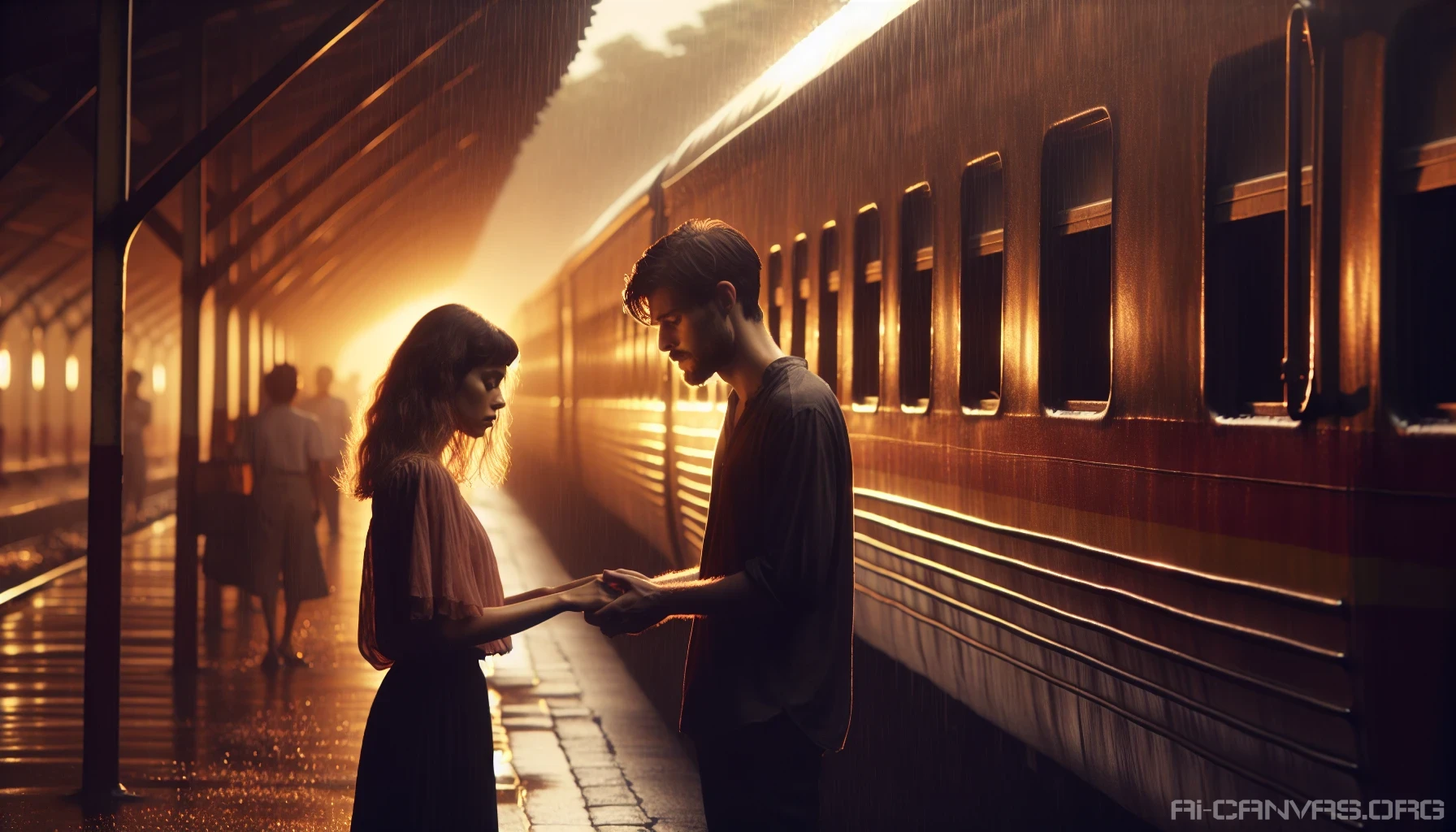 A somber scene unfolds at a dimly lit train station, where a young couple stands on the platform, their hands reluctantly parting. Soft golden light spills from the train windows, casting long shadows. Rain drizzles gently, blurring the outlines of departing trains. Expressions of deep longing and sorrow are etched on their faces, capturing the poignant moment that lingers in the air as the whistle blows.