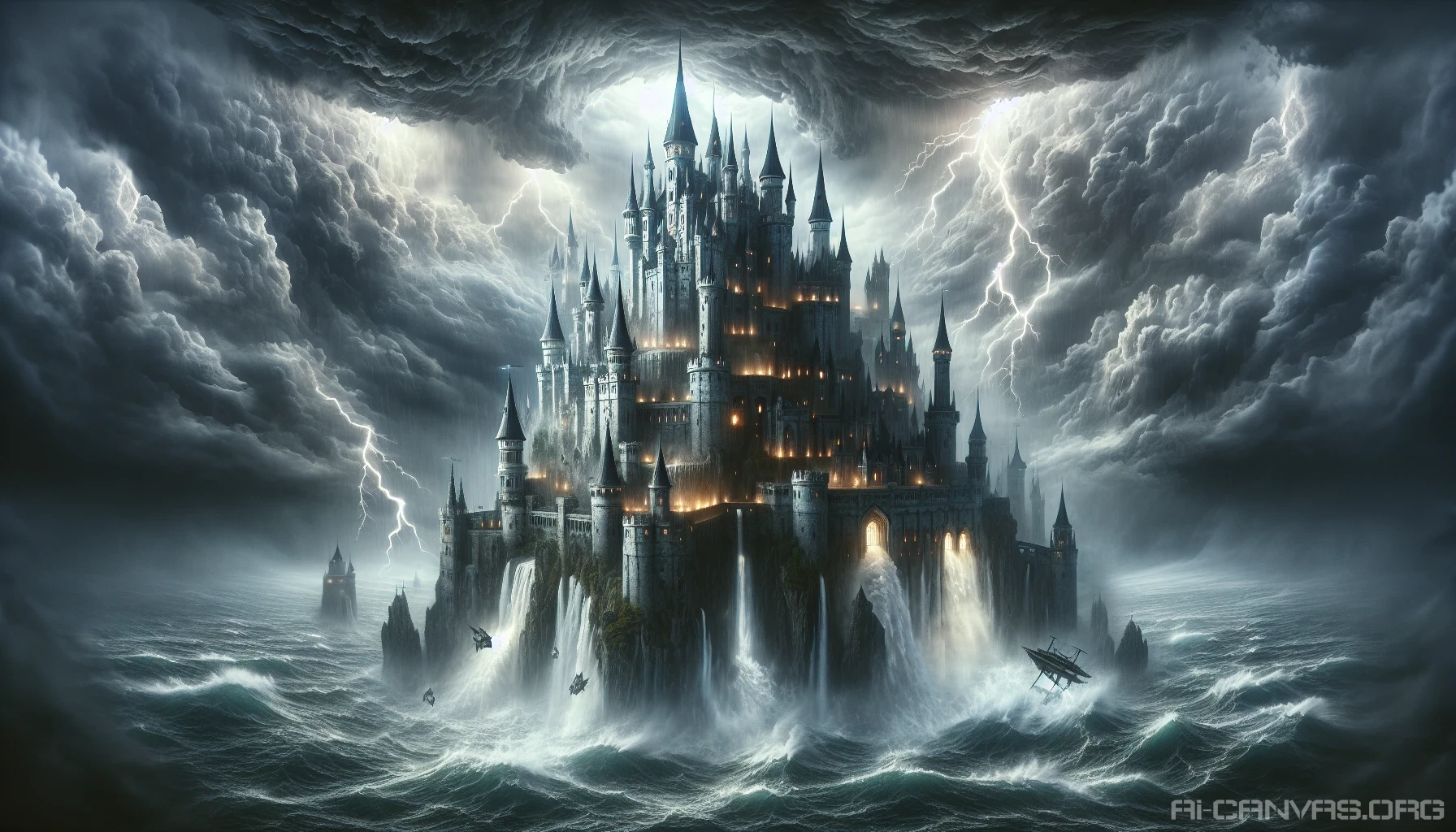 A majestic castle hovers amidst turbulent storm clouds, its spires and turrets illuminated by flashes of lightning. The swirling winds whip around its stone walls, creating a dramatic contrast against the dark, tempestuous sky. Ethereal lights glow from the windows, hinting at life within, while below, waves crash furiously against the unseen cliff. This surreal scene captivates the imagination, blending power and beauty in a breathtaking display.