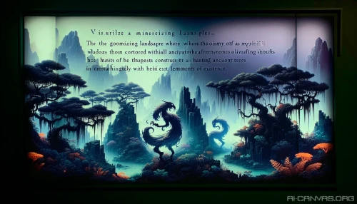 Immerse yourself in a surreal landscape where the dark, twisted aesthetics of the Netherworld merge with vibrant elements of life. Ethereal shadows dance among glowing flora, creating an enchanting yet eerie tableau. Wisps of fog drift through gnarled trees while spectral creatures roam, their luminous forms contrasting against the ominous backdrop. This captivating scene invites viewers into a realm where beauty and darkness intertwine seamlessly.