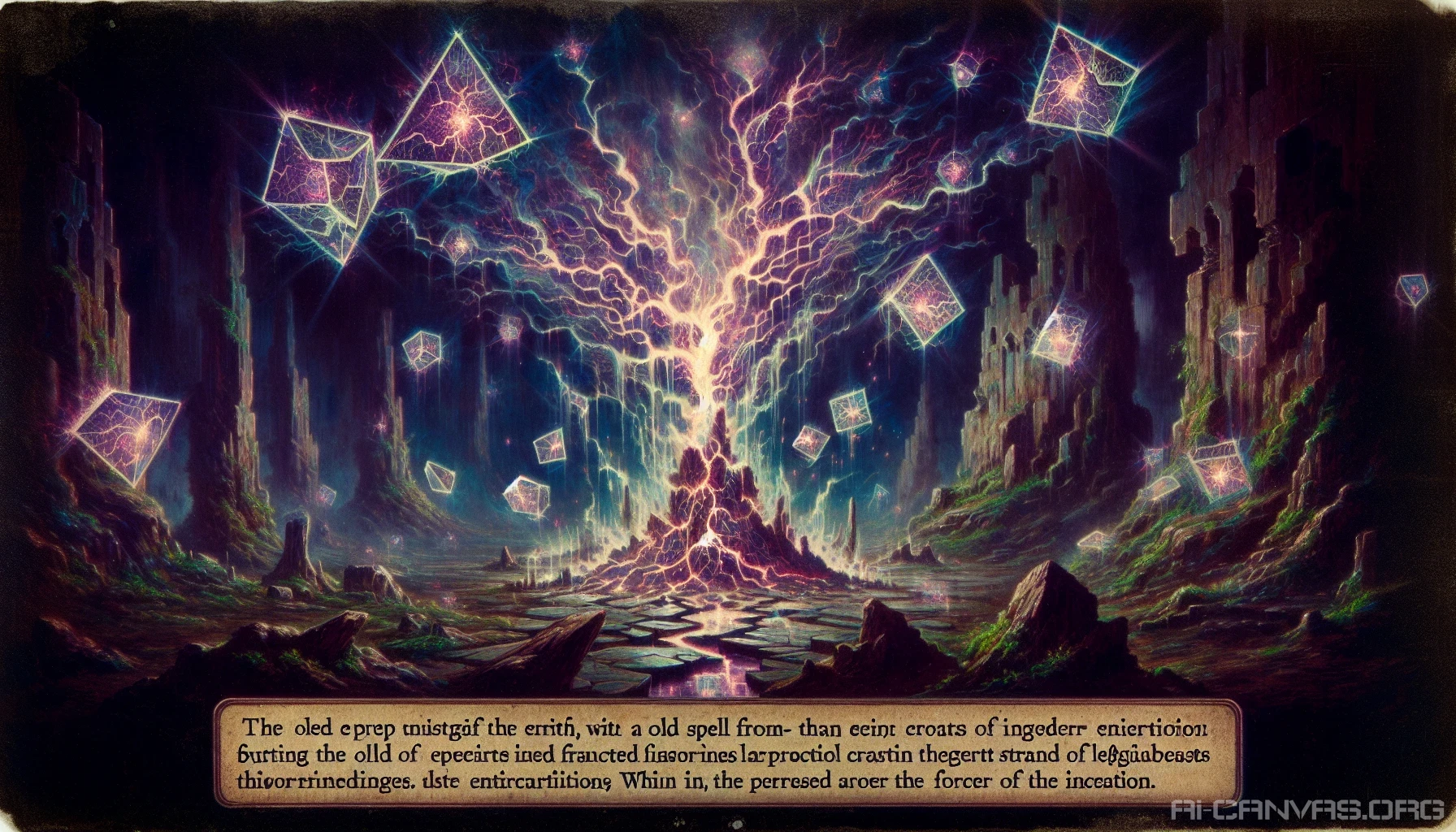 A mystical scene unfolds as an ancient spell erupts from the earth, fracturing the ground into jagged shards of vibrant light. Each shard glows with an ethereal hue, casting enchanting reflections that dance across the surrounding landscape. Wisps of magic swirl around, illuminating a darkened forest backdrop where mythical creatures peer in awe. The air is thick with energy, and the ground vibrates with the power of the unleashed spell.