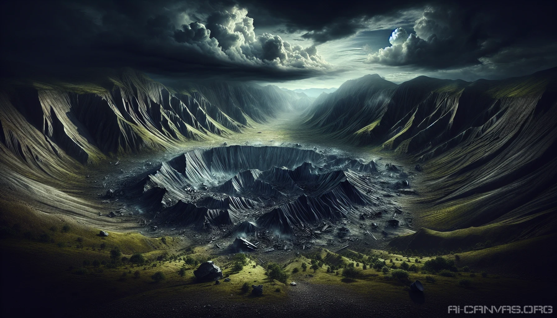 A haunting landscape unfolds, dominated by a colossal bomb crater, its jagged edges stark against the soft, rolling hills surrounding it. Deep shadows stretch across the rugged terrain, hinting at the devastation beneath. Lush green vegetation attempts to reclaim the desolation, while scattered remnants of debris tell stories of conflict. The sky overhead, a tumultuous swirl of ominous clouds, enhances the somber mood of this striking, surreal scene.