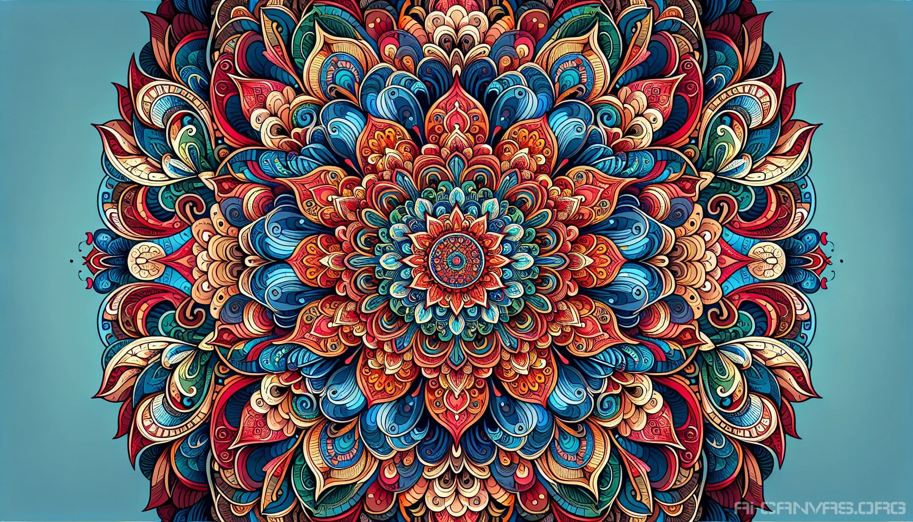 Create a stunning mandala design that embodies symmetry and intricate patterns, bursting with vibrant colors. Each section of the mandala should flow seamlessly into the next, featuring bright blues, fiery reds, and lush greens that create a harmonious yet dynamic composition. The background should be subtle, allowing the mandala to stand out as a focal point, inviting viewers to explore its intricate details and captivating beauty.