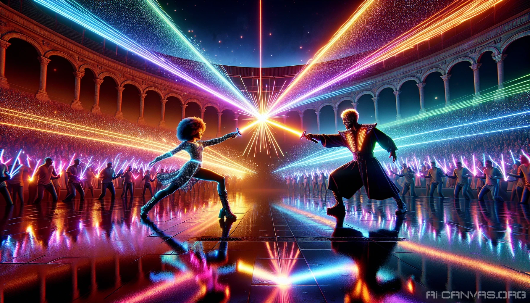 In a neon-lit arena, two fierce combatants engage in a dazzling laser sword duel. Brilliant beams of light clash, illuminating their determined faces and casting vibrant reflections on the ground. Sparks erupt with every contact, creating a mesmerizing display of energy and color. The atmosphere hums with intensity, as the audience watches in awe, captivated by the swirling dance of light and power.