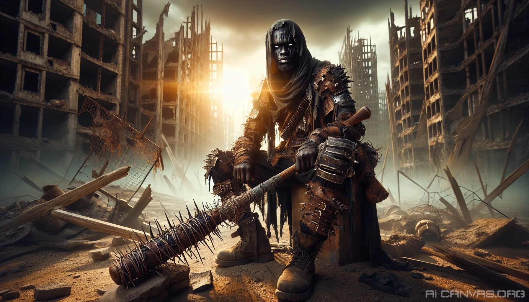 In a desolate landscape littered with remnants of civilization, a fierce warrior stands poised for battle. Clad in scavenged armor, their eyes gleam with determination. They wield a makeshift weapon—a spiked bat wrapped in barbed wire—ready to defend against looming threats. The sun sets behind crumbling skyscrapers, casting an eerie glow over this unforgiving world, where survival drives innovation and strength reigns supreme.