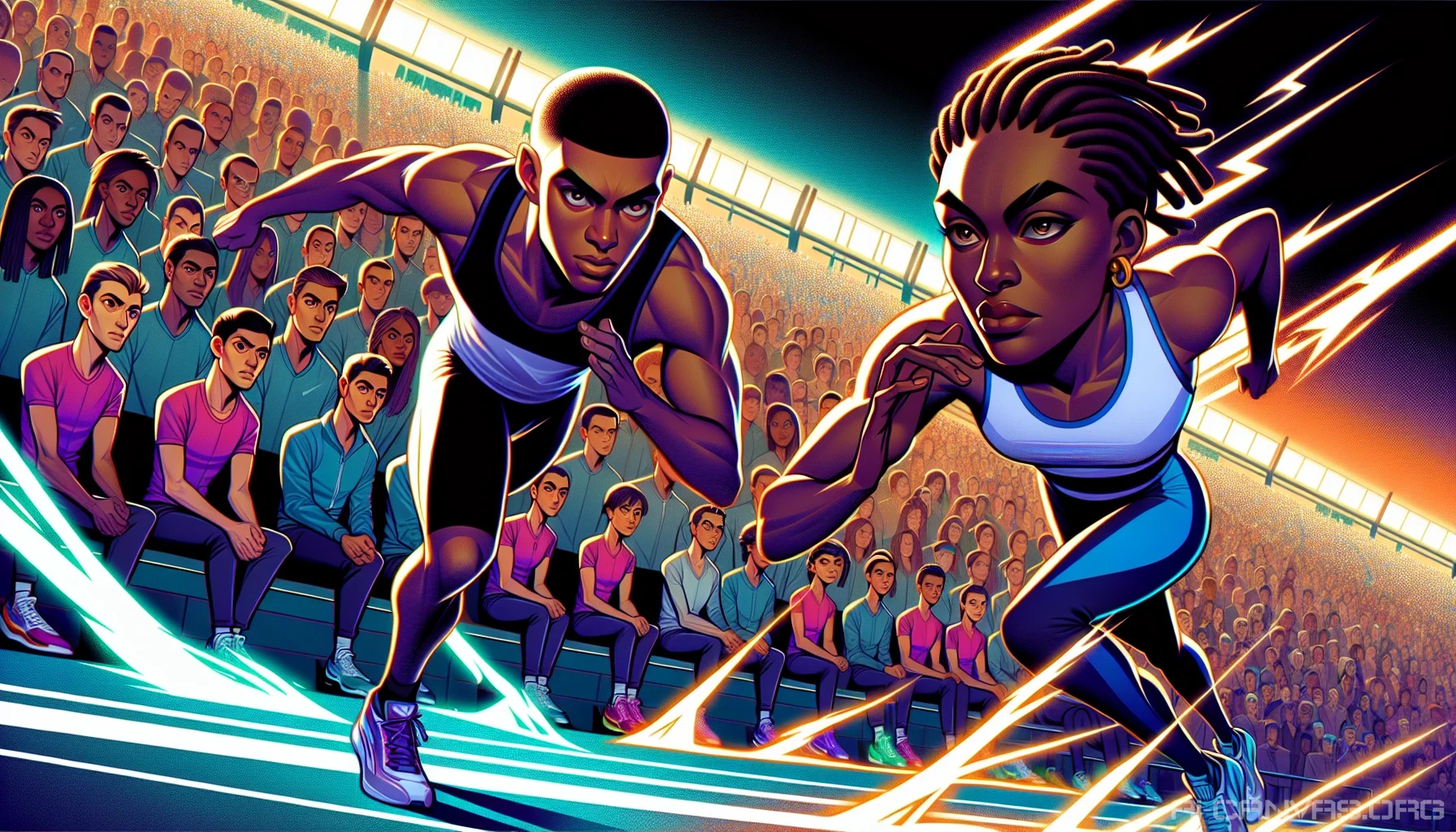 In a vibrant sports arena, two athletes with contrasting styles stand poised for a showdown. One, a swift and agile runner, embodies determination with piercing gaze and powerful stance. The other, a strategic powerhouse, exudes confidence and intensity. Spectators are on the edge of their seats, faces painted in team colors, as electric tension fills the air, showcasing the beauty and drama of fierce competition in this anime-inspired scene.
