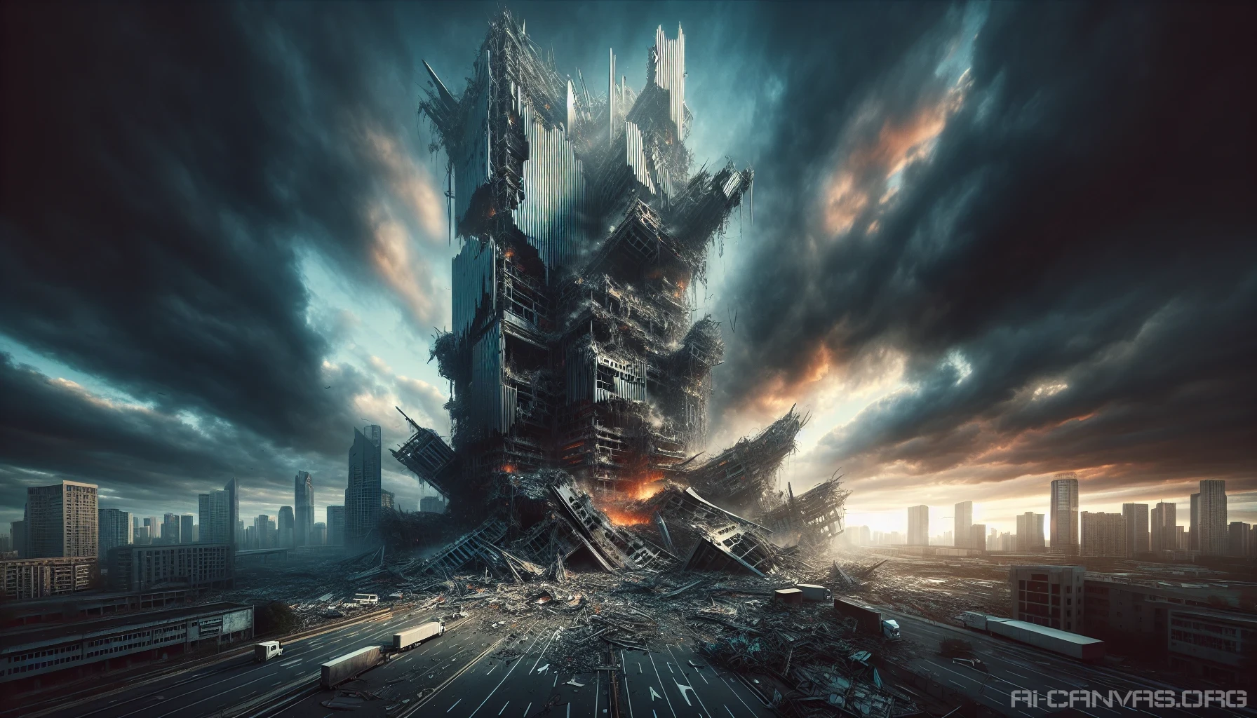 A massive skyscraper lies in ruins, its steel and glass façade crumbled and twisted, a haunting reminder of the chaos that unfolded. Surrounding debris and the eerie stillness speak of recent destruction, while the sky above is a turbulent blend of dark smoke and fiery remnants. Shadows loom over broken streets, creating an atmosphere of despair, as nature begins to reclaim the once-bustling city landscape.