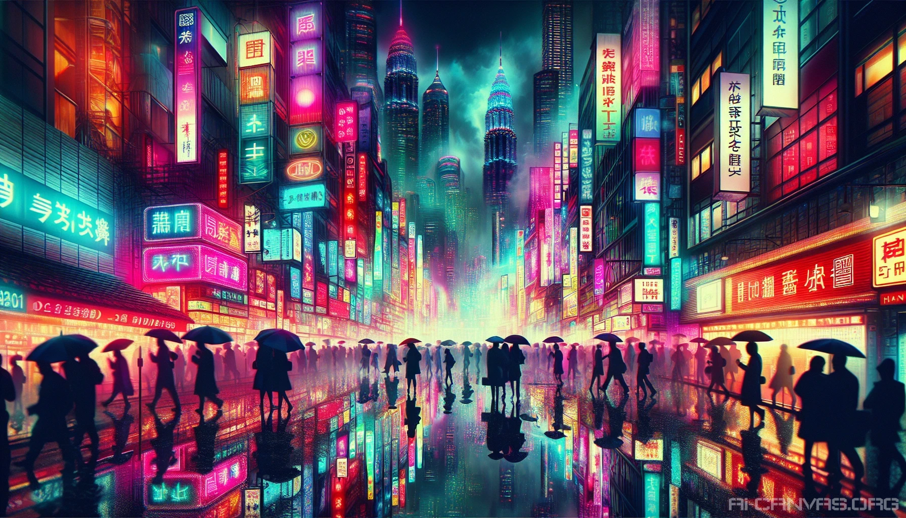 Picture a vibrant metropolis alive with luminescent neon signs reflecting on slick, rain-soaked streets. The bustling atmosphere is accentuated by the glistening puddles, mirroring the vibrant colors of the city lights. Umbrella-clad pedestrians navigate through the urban jungle, their silhouettes framed by a kaleidoscope of hues. Wisps of mist curl around the buildings, adding a touch of mystery to this electrifying night scene.