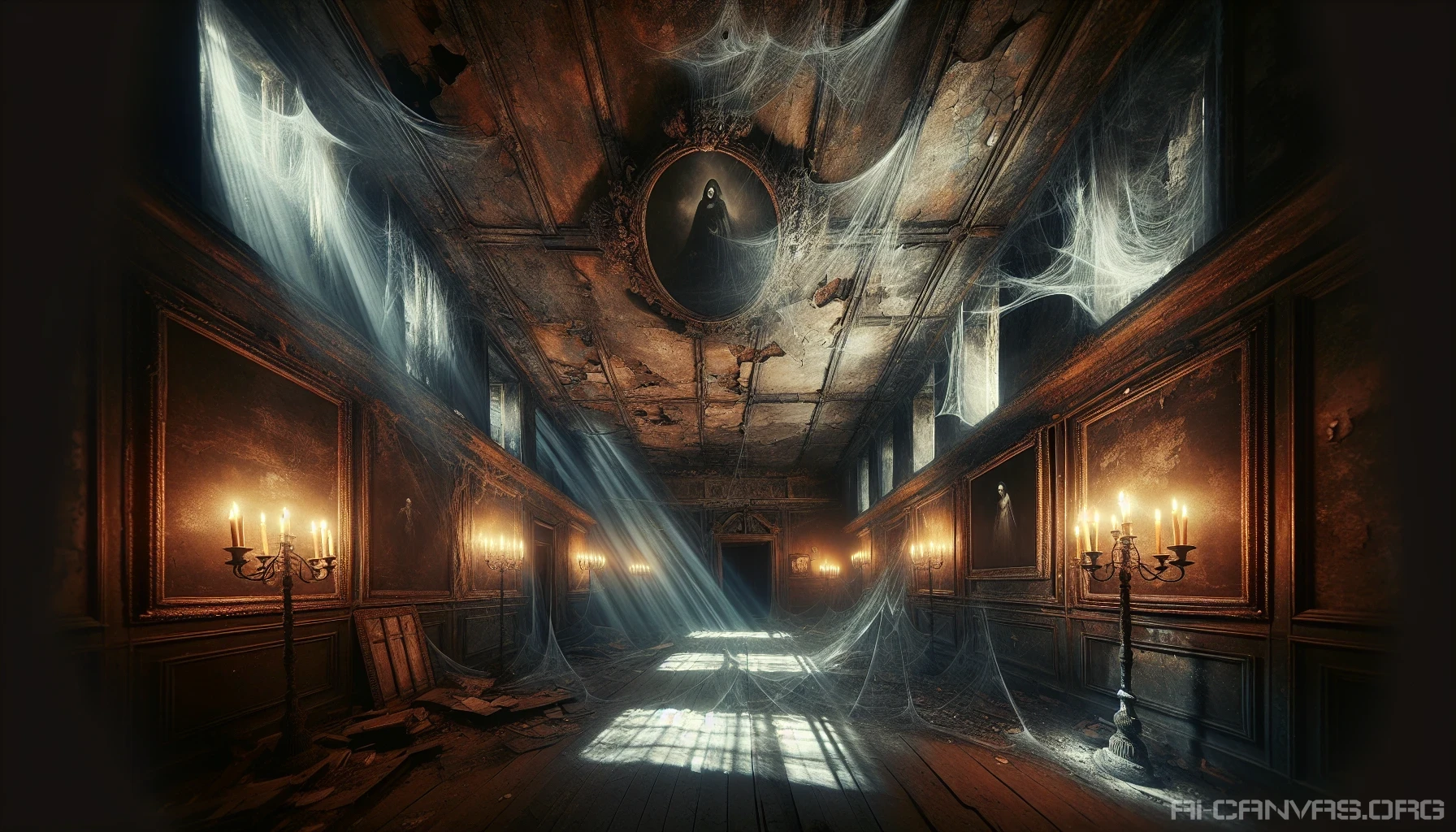 Step into a shadowy, abandoned mansion where flickering candlelight dances across the cracked walls, casting eerie shadows that hint at long-forgotten secrets. Cobwebs drape from the ceiling, and the air is thick with the scent of mildew and mystery. Ghostly figures seem to linger at the corners of your vision, while the soft glow of candles illuminates the faded portraits of the mansion’s tragic past.