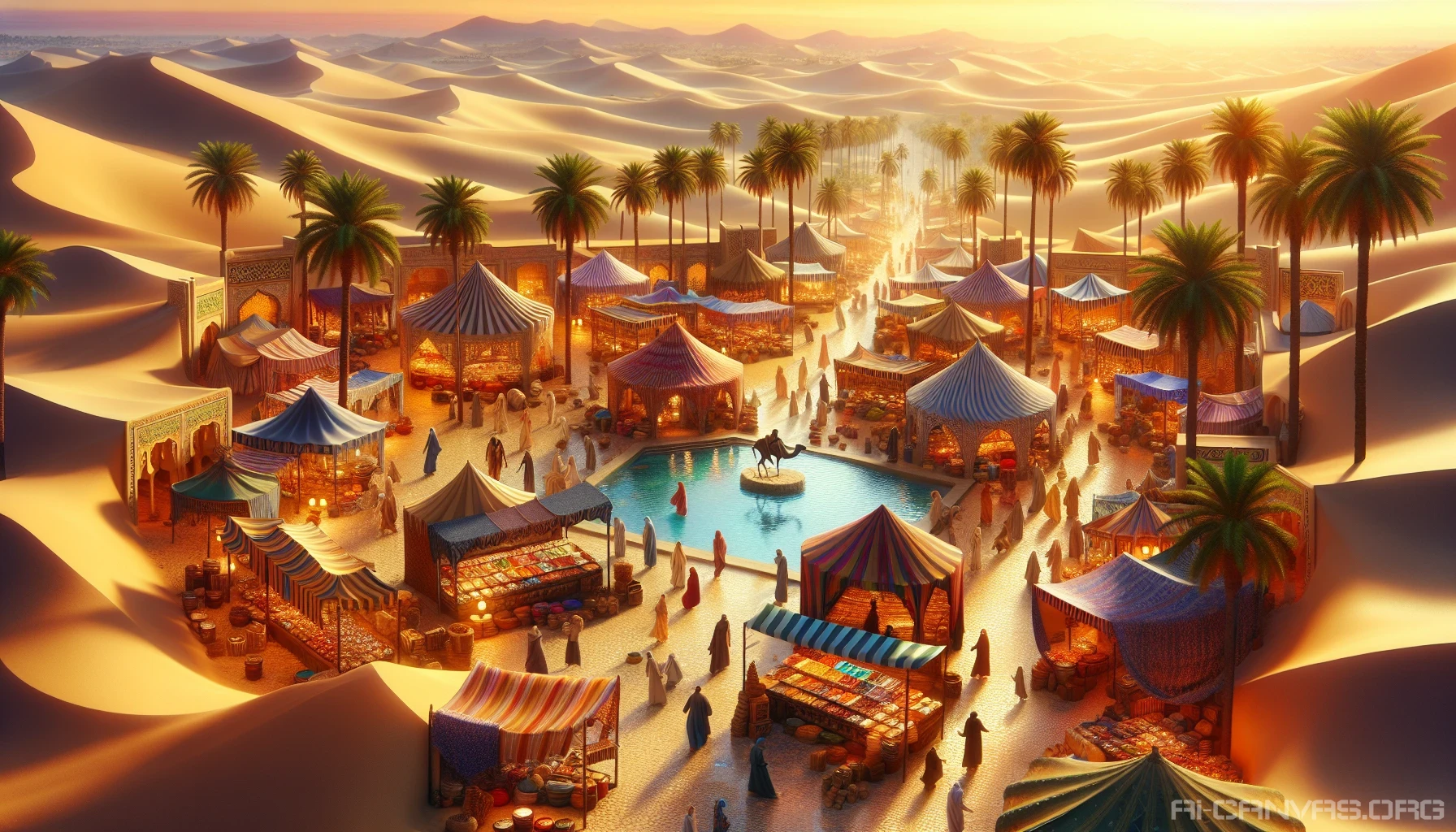 Envision a vibrant marketplace nestled within a shimmering desert oasis, where colorful tents and stalls brim with exotic spices, handmade crafts, and fresh produce. Palm trees sway gently in the warm breeze, while a crystal-clear pool reflects the sun's golden rays. Shoppers in flowing garments mingle, laughter echoing as they barter and explore, all surrounded by the enchanting backdrop of sweeping sand dunes and distant mountains.
